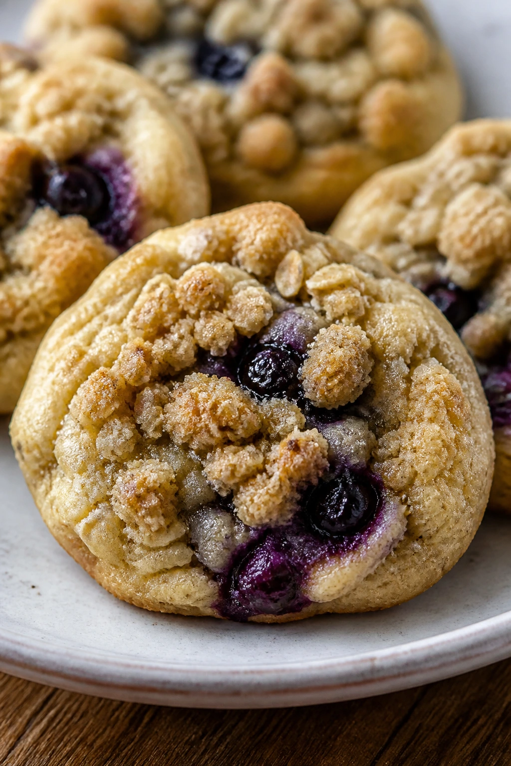 Close-up blueberry crumble drop cookie with crumble topping