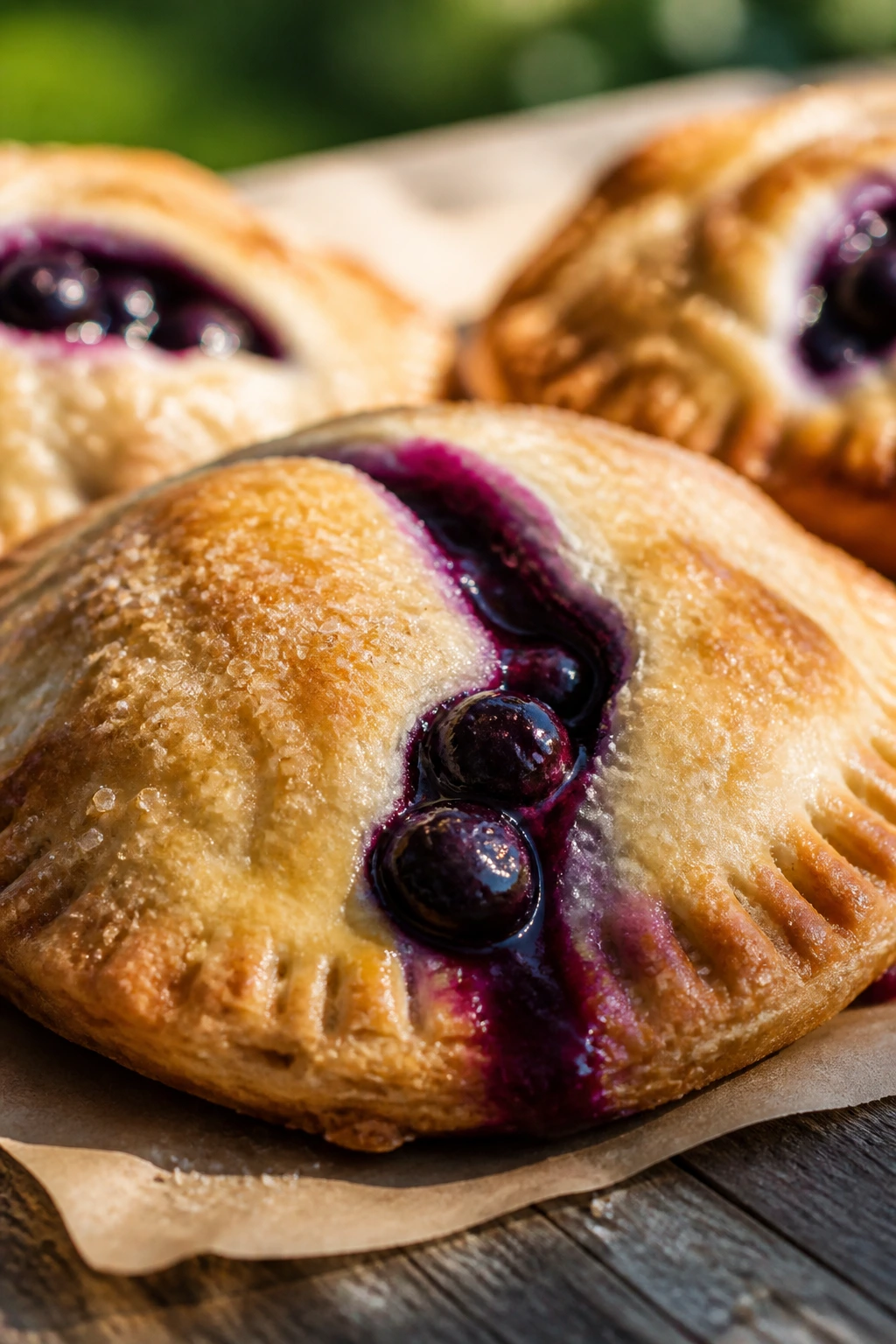 Blueberry hand pie on parchment on a wooden table outdoors.