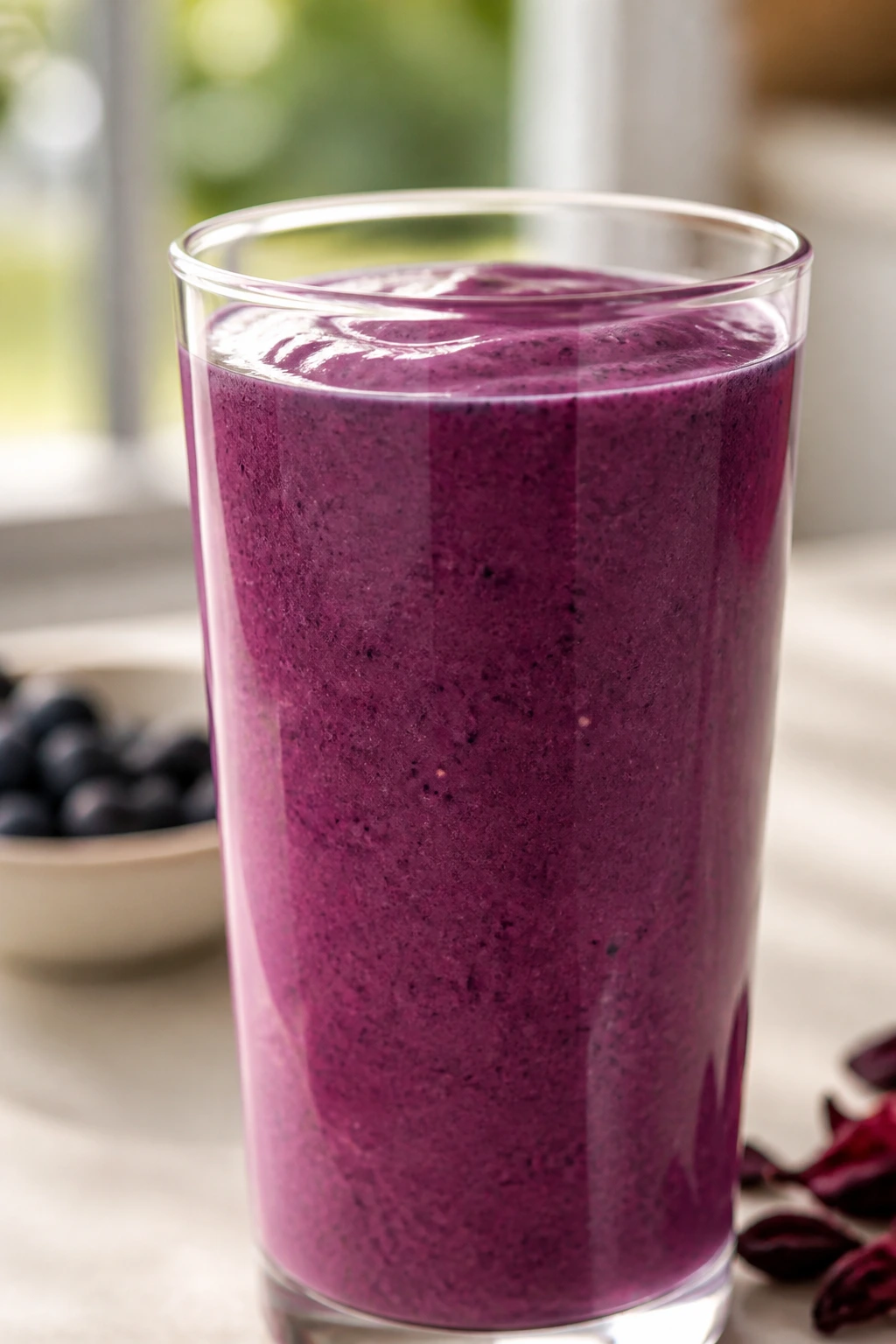 Close-up of a deep purple blueberry hibiscus coconut smoothie in a glass