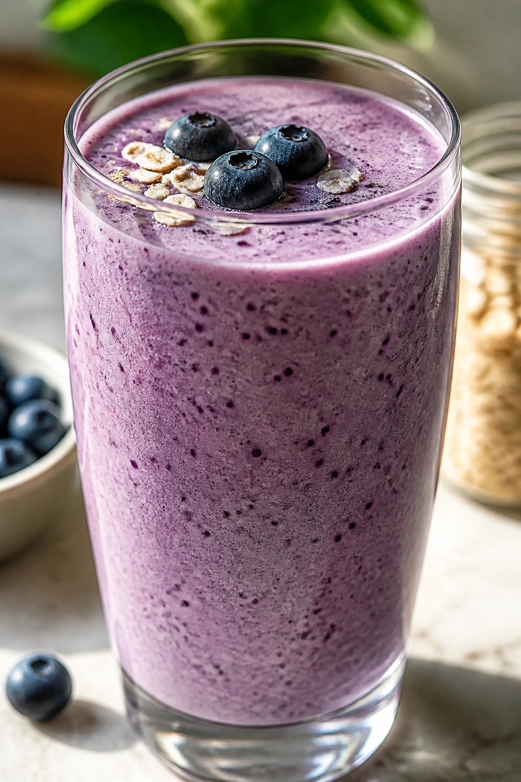 Glass of blueberry kefir oat smoothie in a clean kitchen