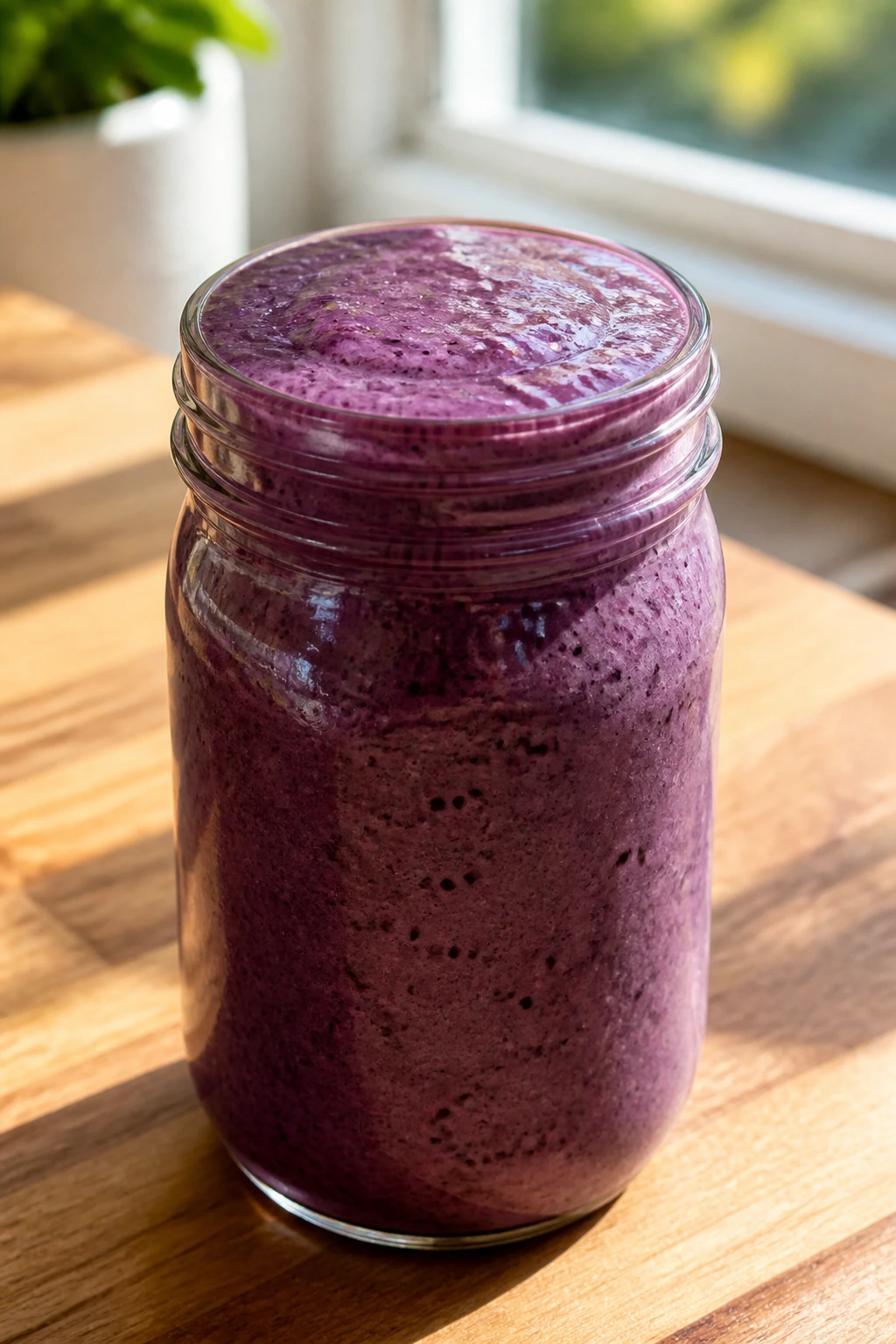 Deep violet blueberry kefir smoothie in a glass on a sunlit kitchen counter