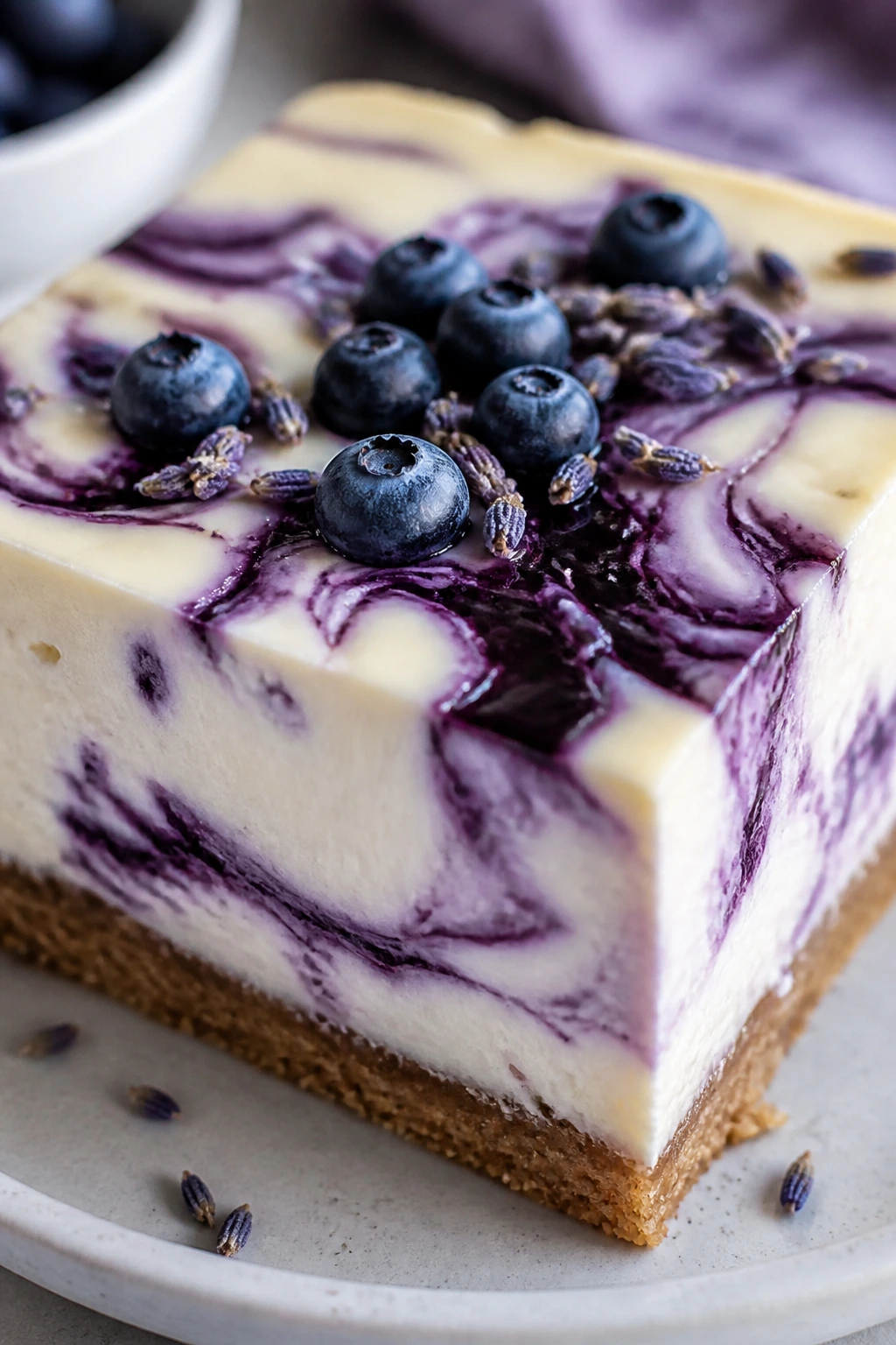 Close-up of Blueberry Lavender Cheesecake Bar with swirl on plate