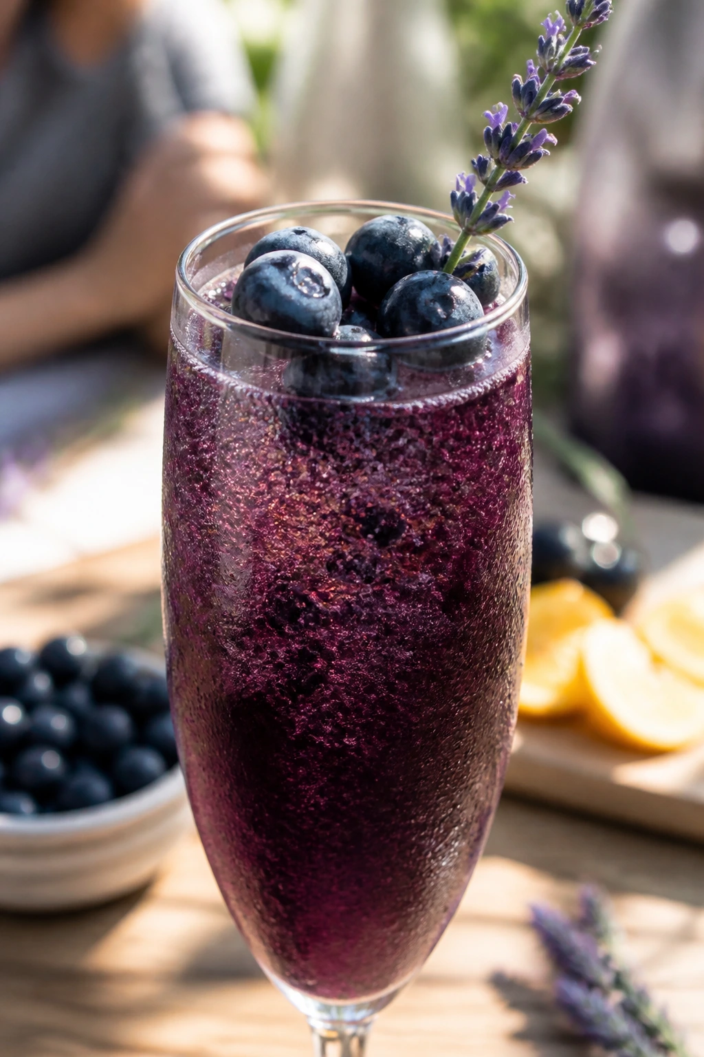 Close-up of a flute with Blueberry Lavender Bubbles garnished with blueberries and lavender in a sunlit brunch setting
