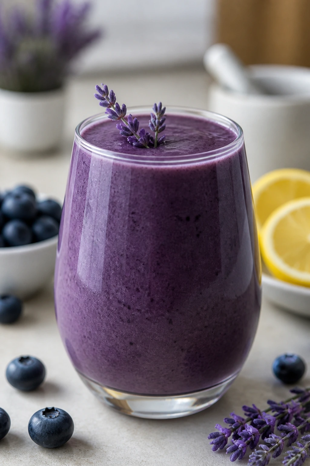 Purple blueberry lavender yogurt smoothie with lavender garnish in a glass