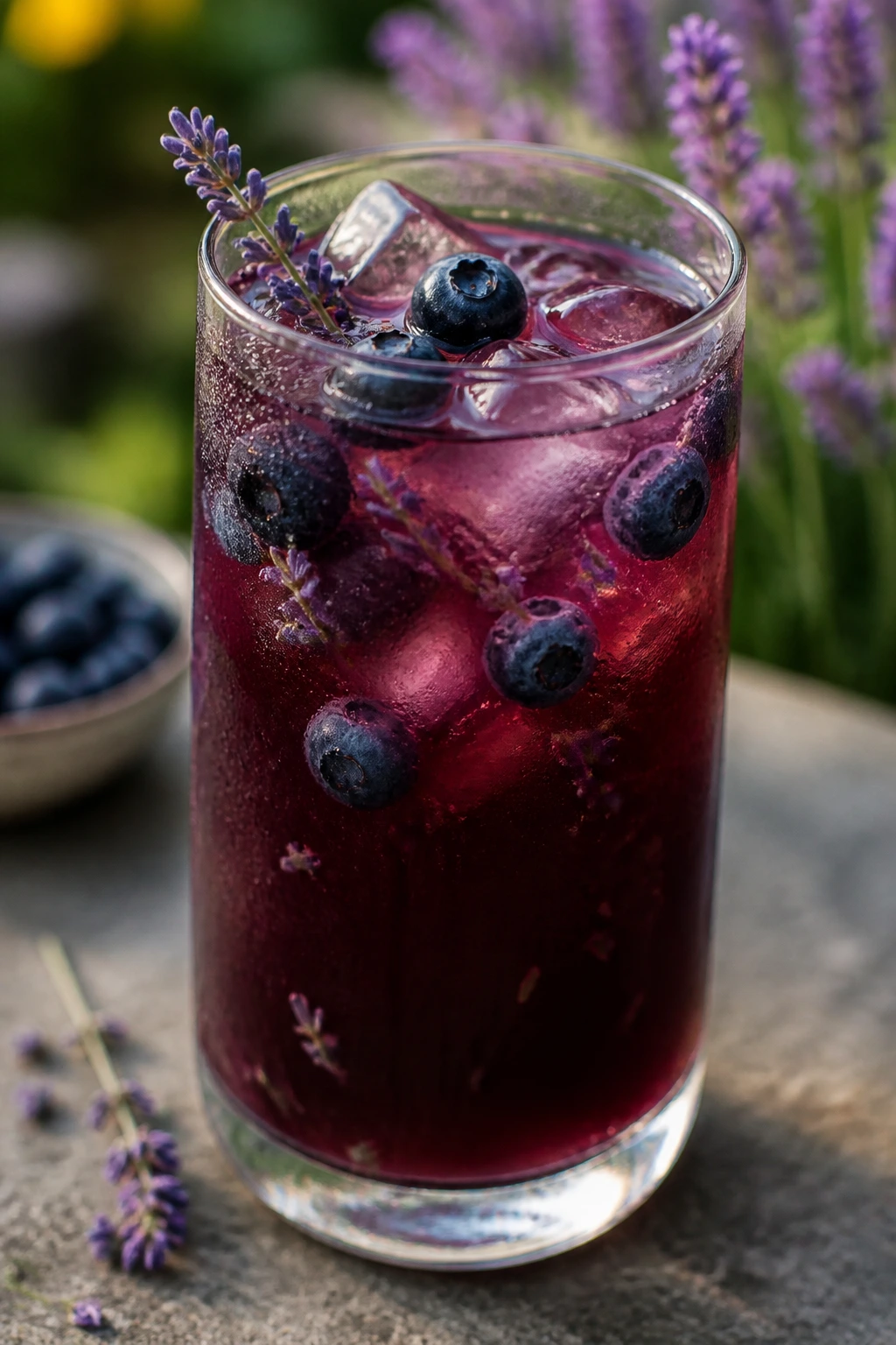 Close-up of blueberry lavender iced tea with blueberries and lavender