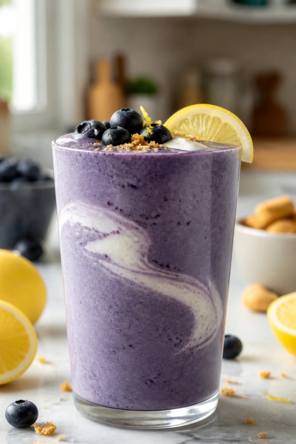 Blueberry lemon cheesecake smoothie in a glass with cream cheese swirl