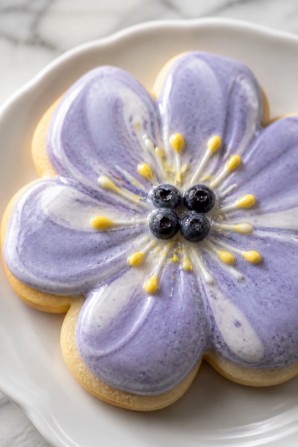 Close-up of a lavender-blue glazed blossom-shaped cookie on a white plate