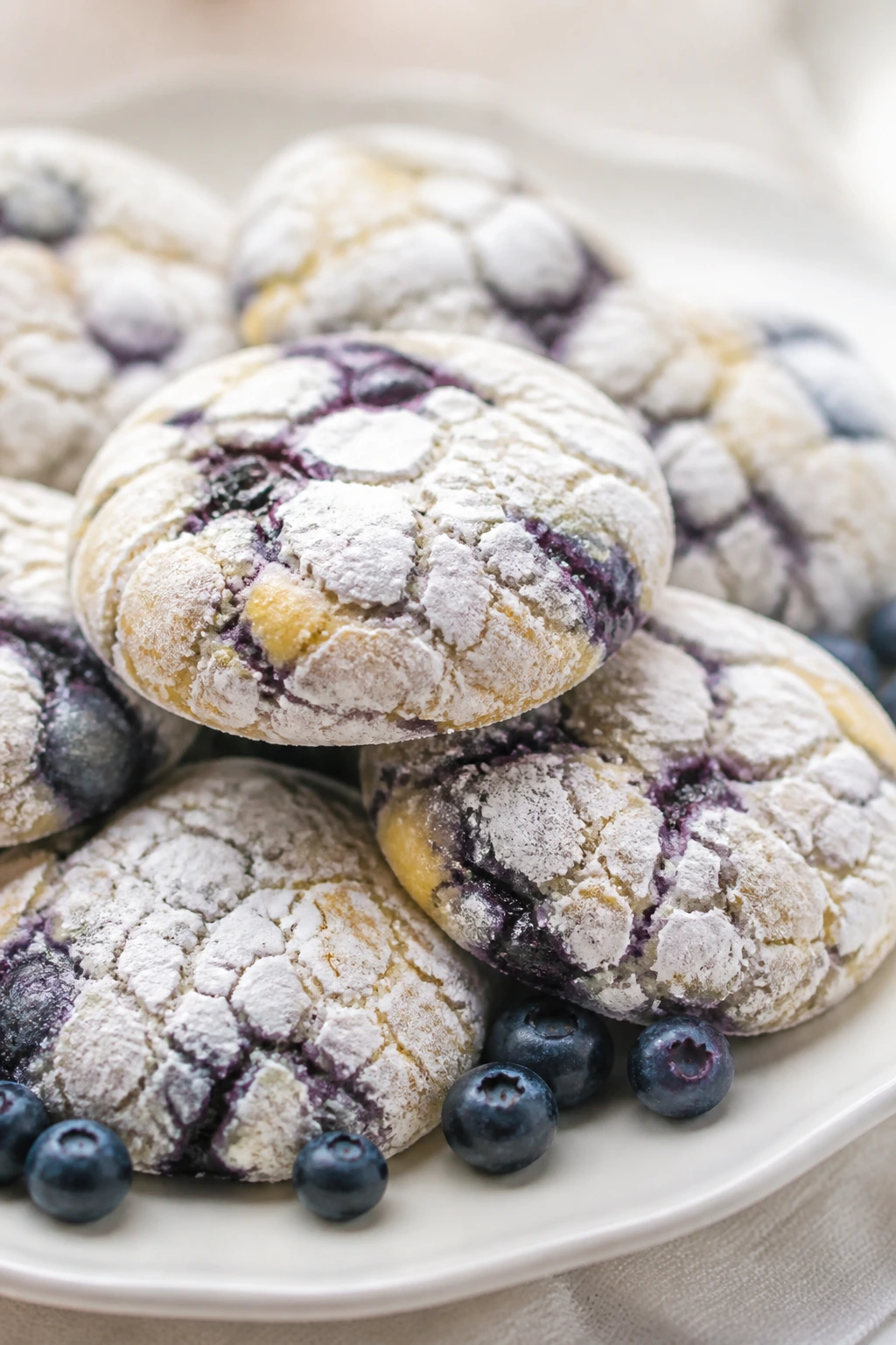 Powdered-sugar crinkle cookies with blueberry edges on plate