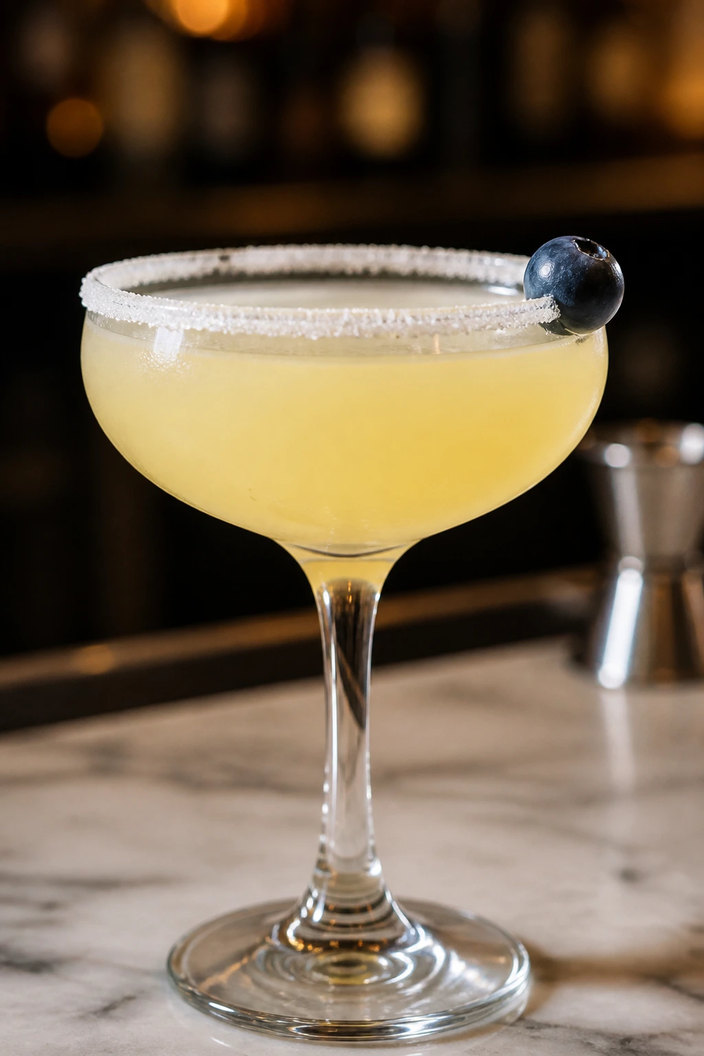 Close-up of Blueberry Lemon Drop in a sugar-rimmed coupe with a blueberry garnish