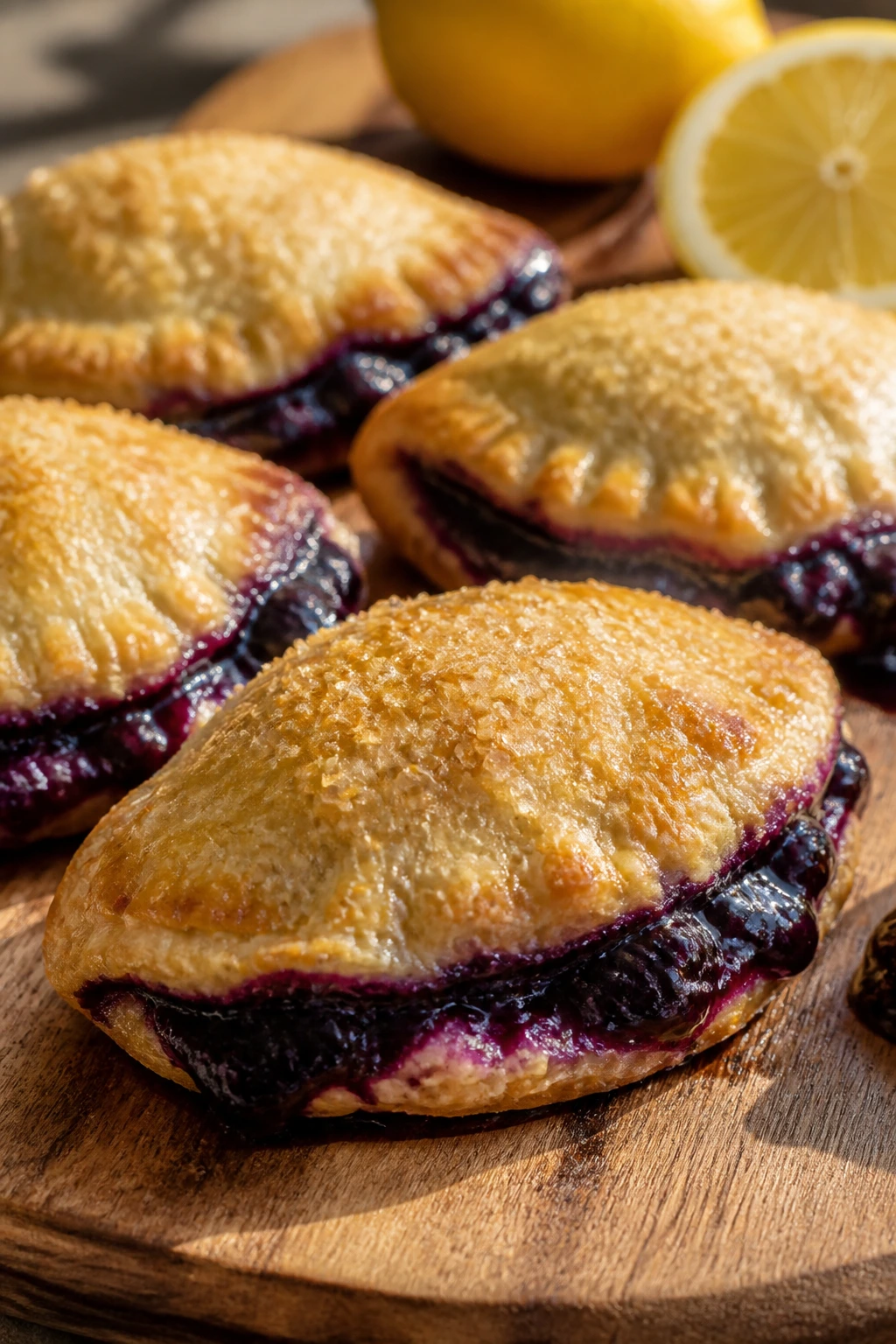 Close-up of blueberry lemon hand pies with turbinado sugar on a wooden board