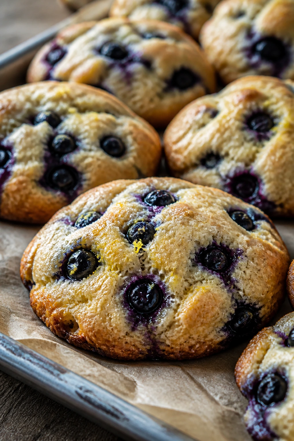 Close-up of blueberry lemon muffin tops on parchment on a baking sheet