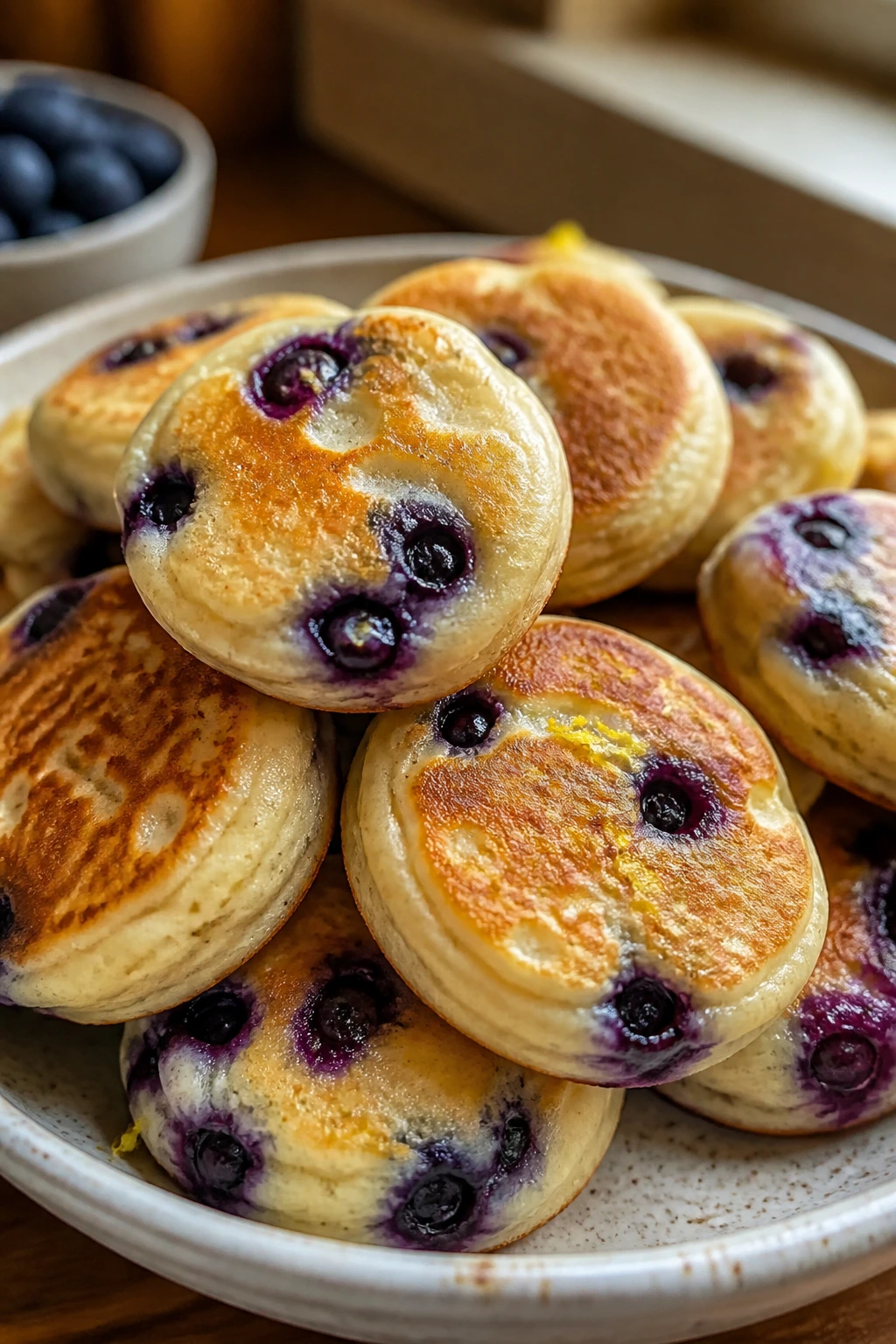 Golden blueberry lemon pancake bites on a plate