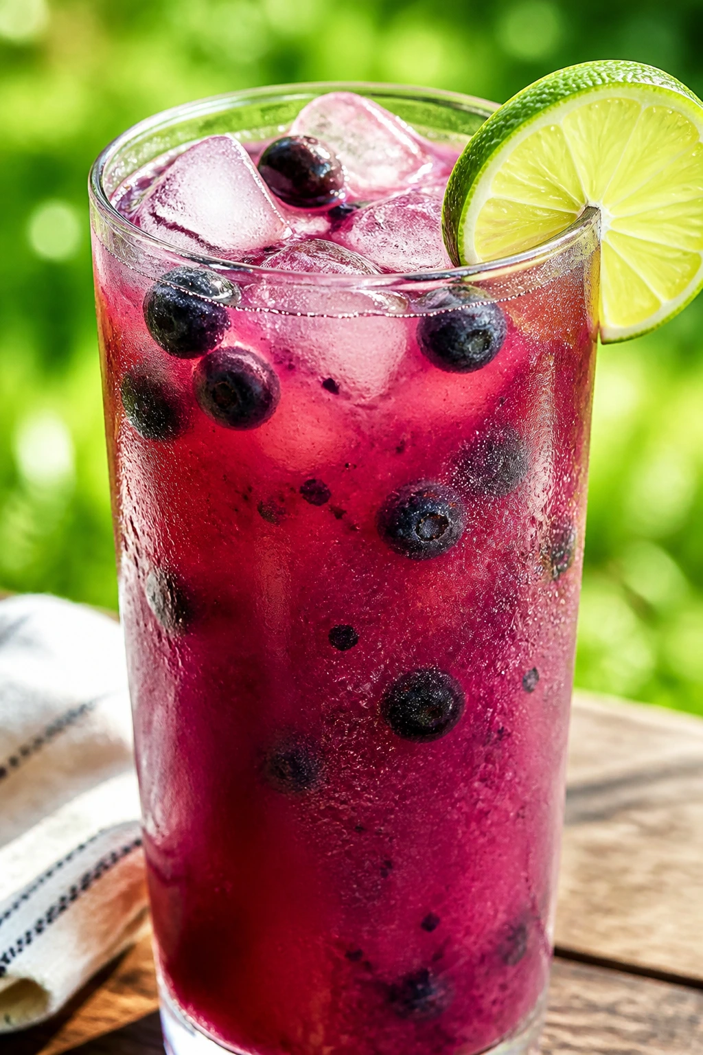 Close-up of blueberry ginger limeade in a glass on a sunlit picnic table with lime wedge