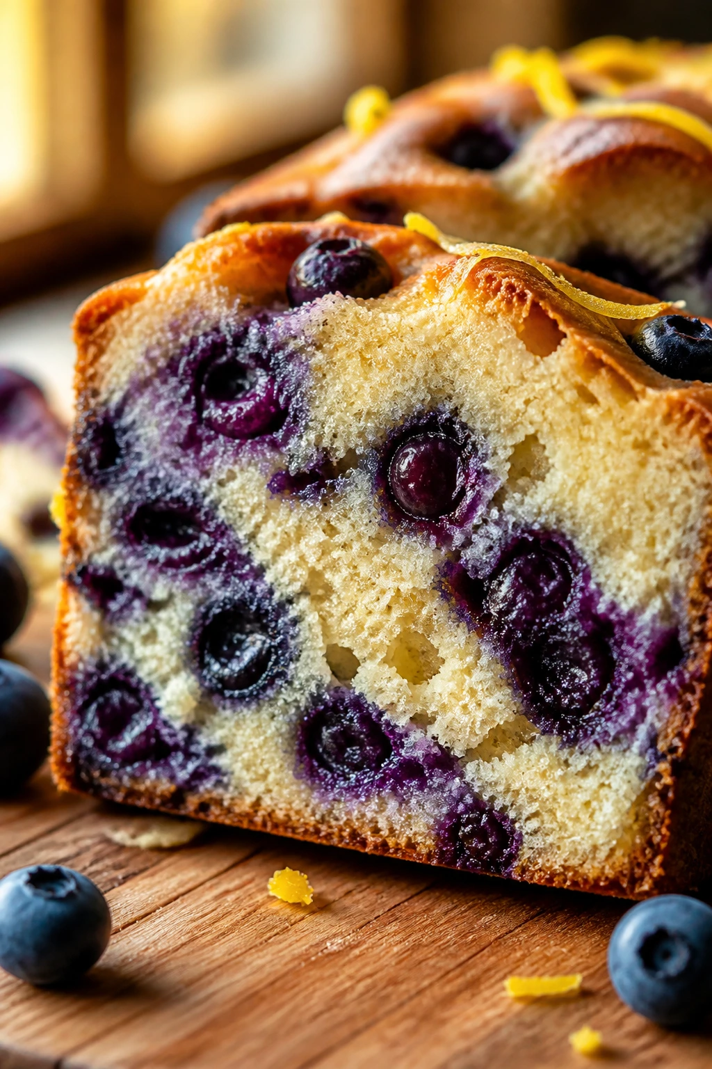 Close-up of a slice of blueberry yogurt loaf with blueberries and lemon zest