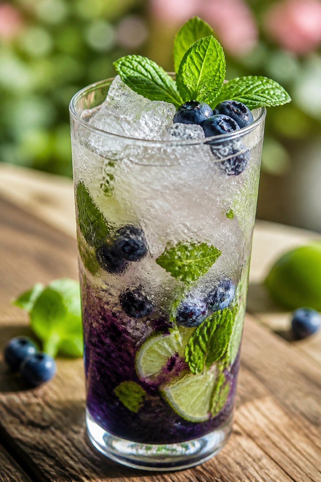 Blueberry mojito in a highball glass with mint and blueberries