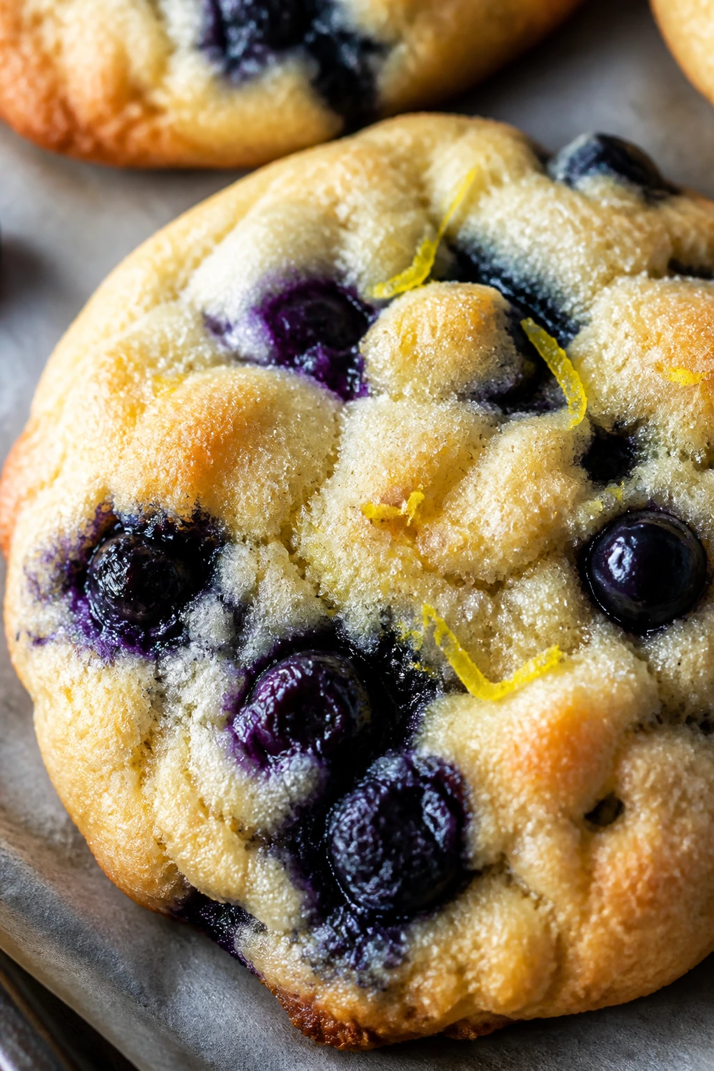 Close-up of Blueberry Muffin Cake Cookies with lemon zest and blueberries