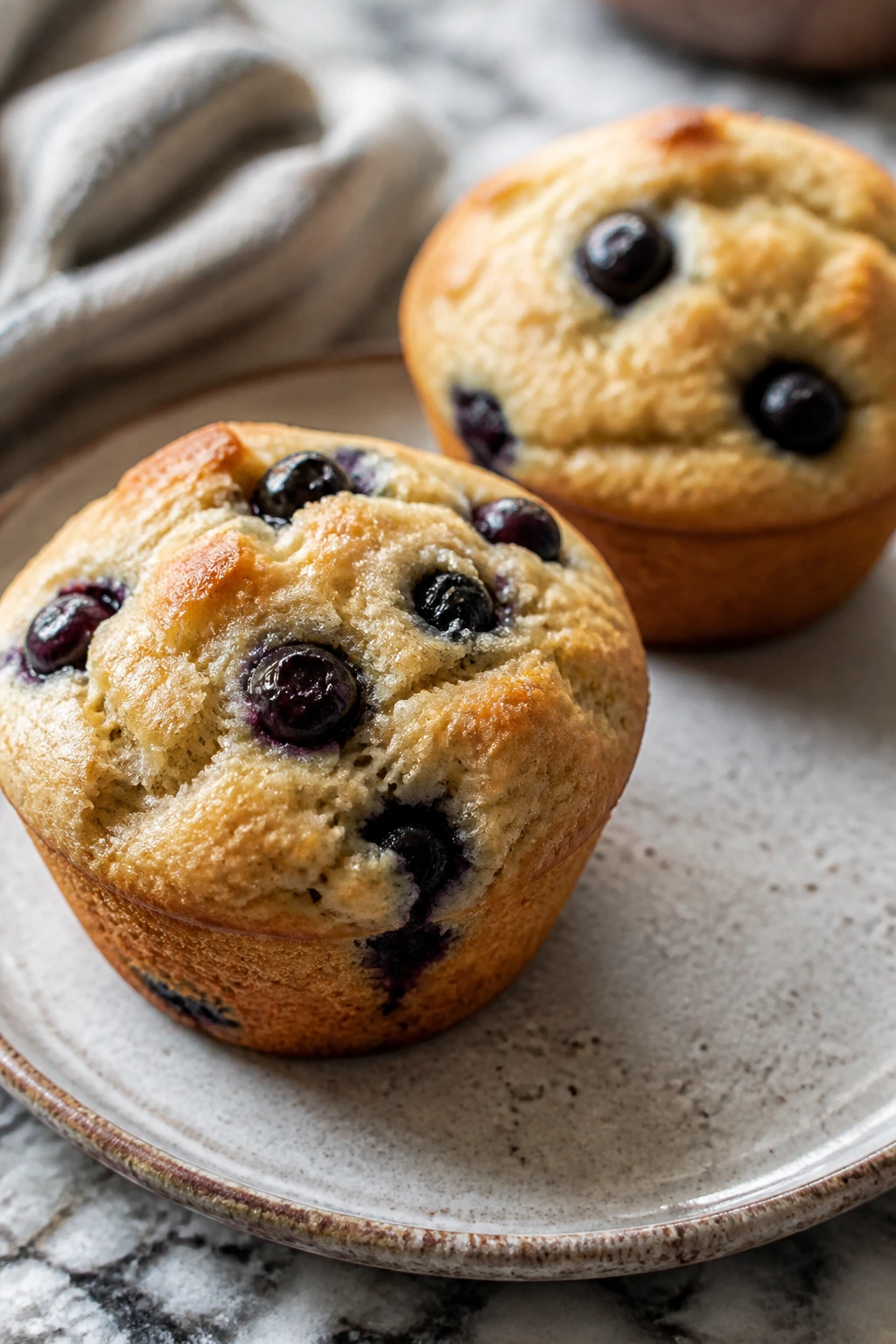 Two blueberry muffins on plate