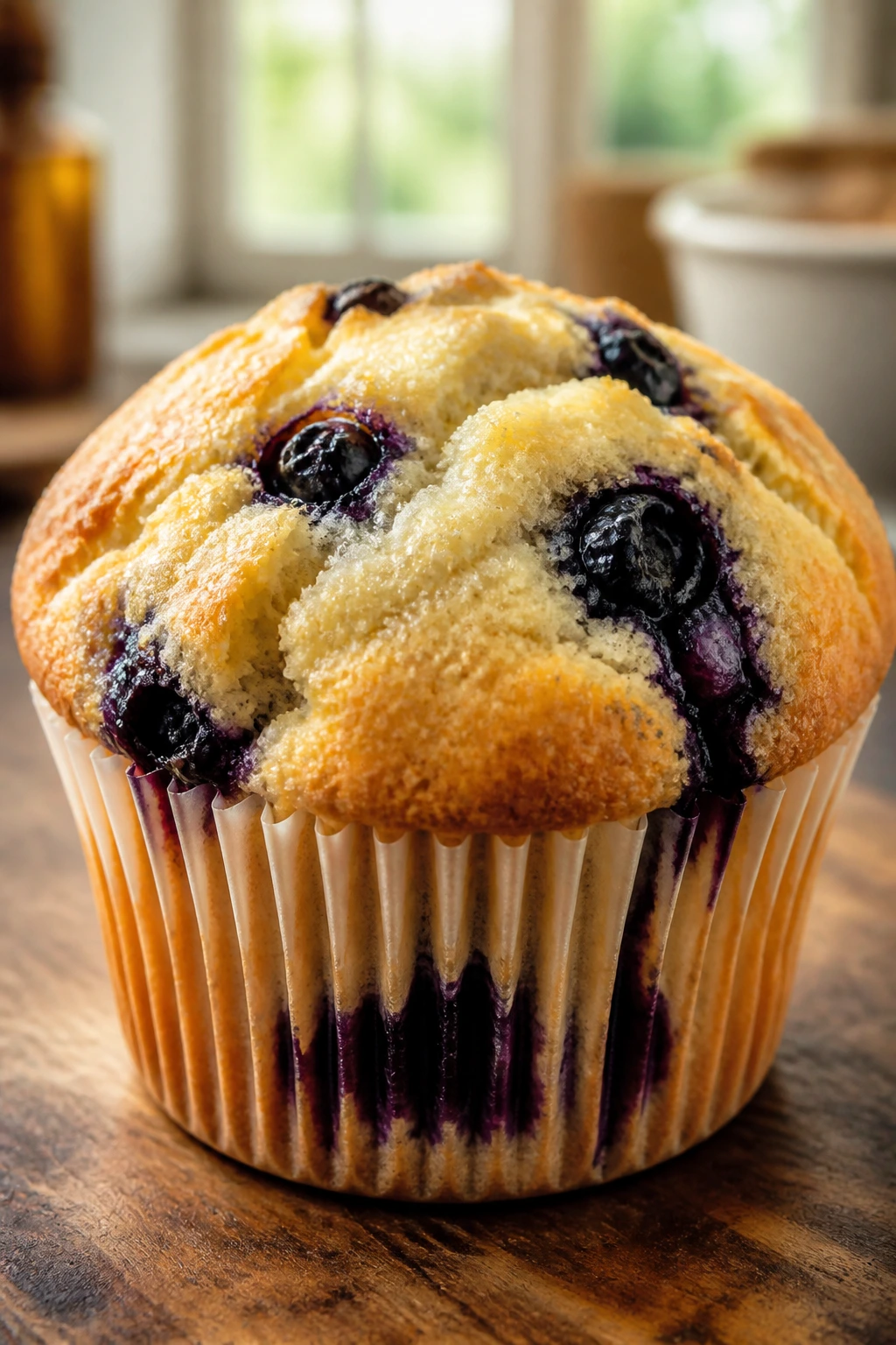 Single blueberry muffin on rustic kitchen counter, close-up