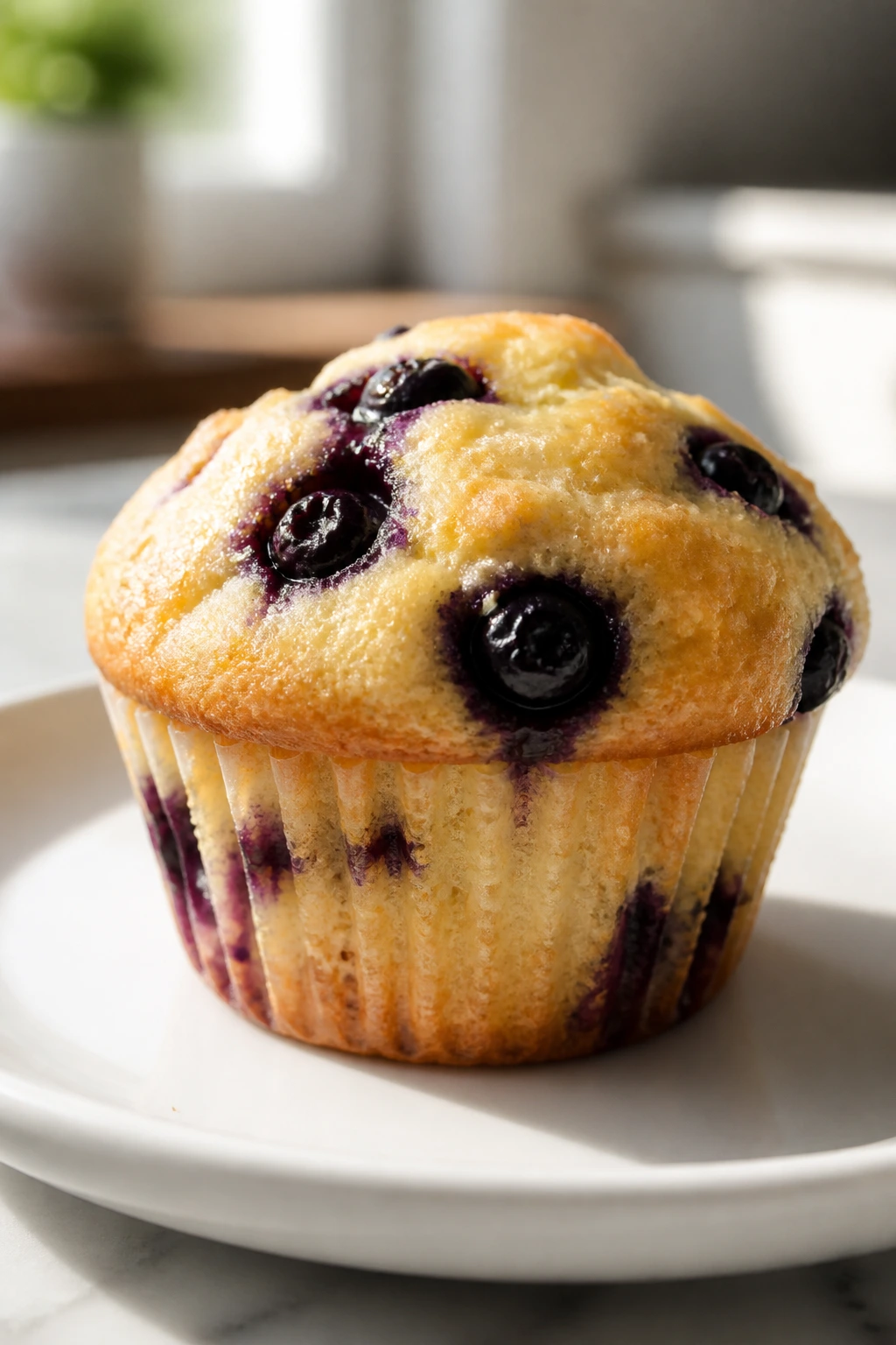 Close-up of a soft blueberry muffin with visible blueberries on a white plate in a sunlit kitchen.