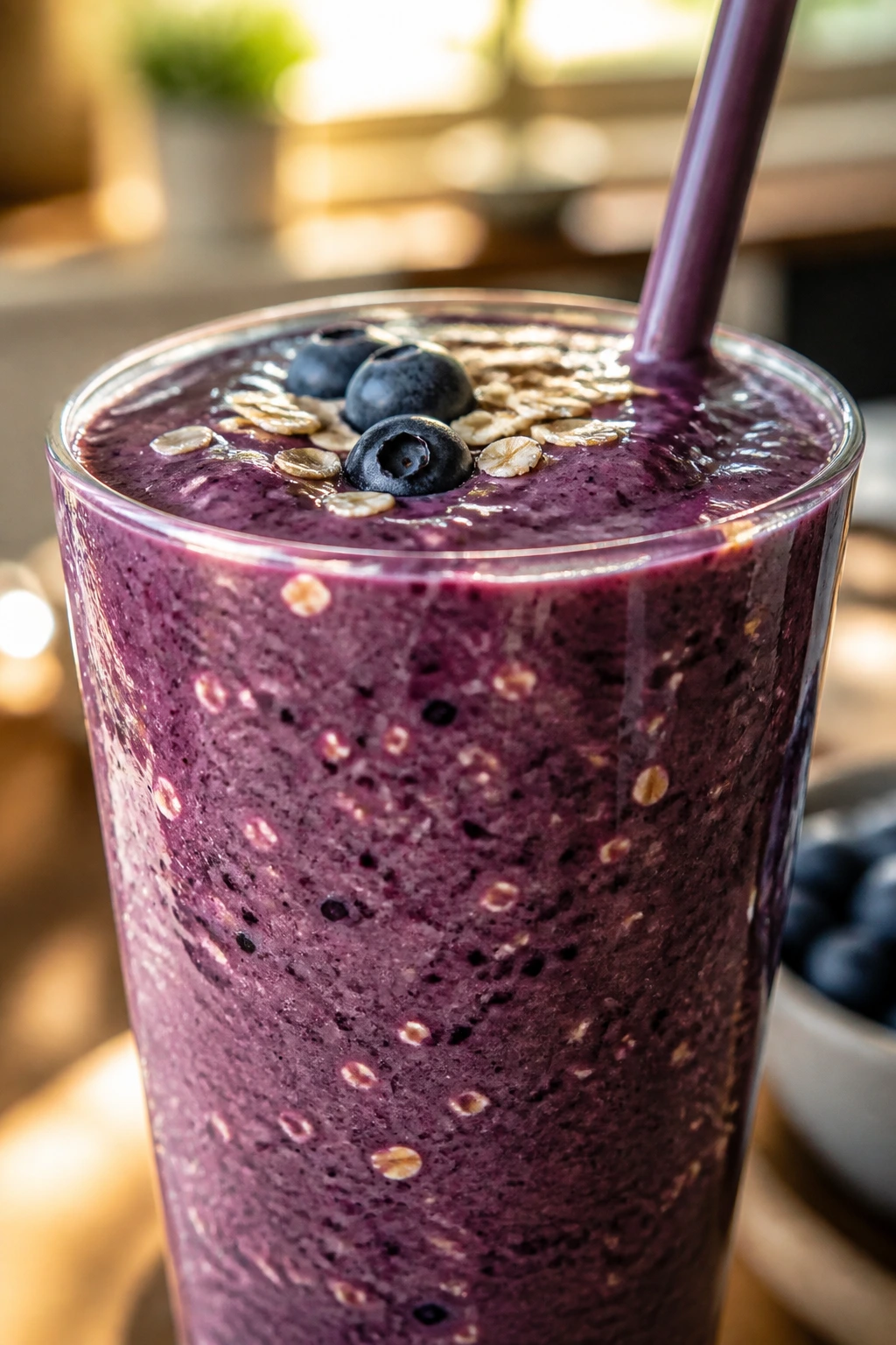 Deep purple blueberry oat smoothie in a glass with oats texture