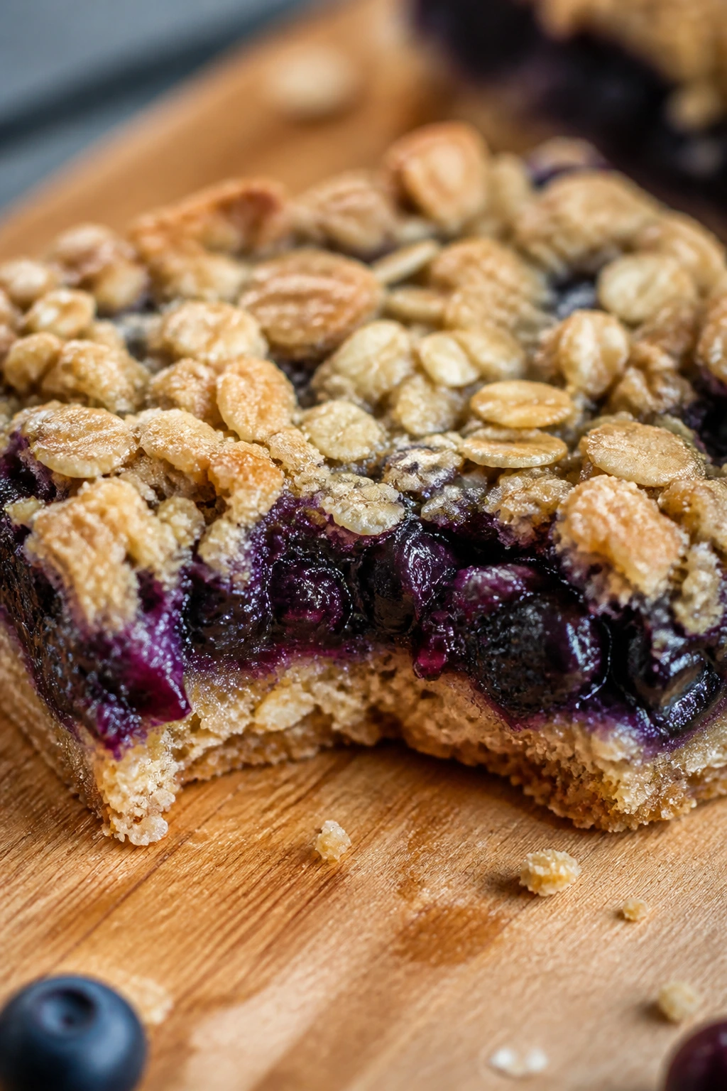 Blueberry oatmeal bar on cutting board with bite taken