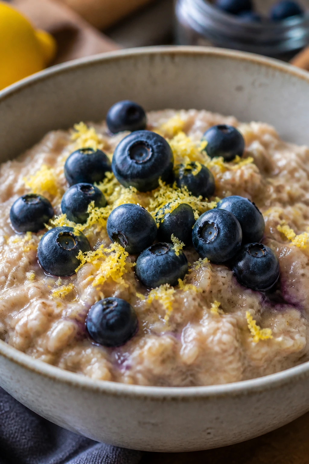 Close-up bowl of blueberry lemon oatmeal with blueberries