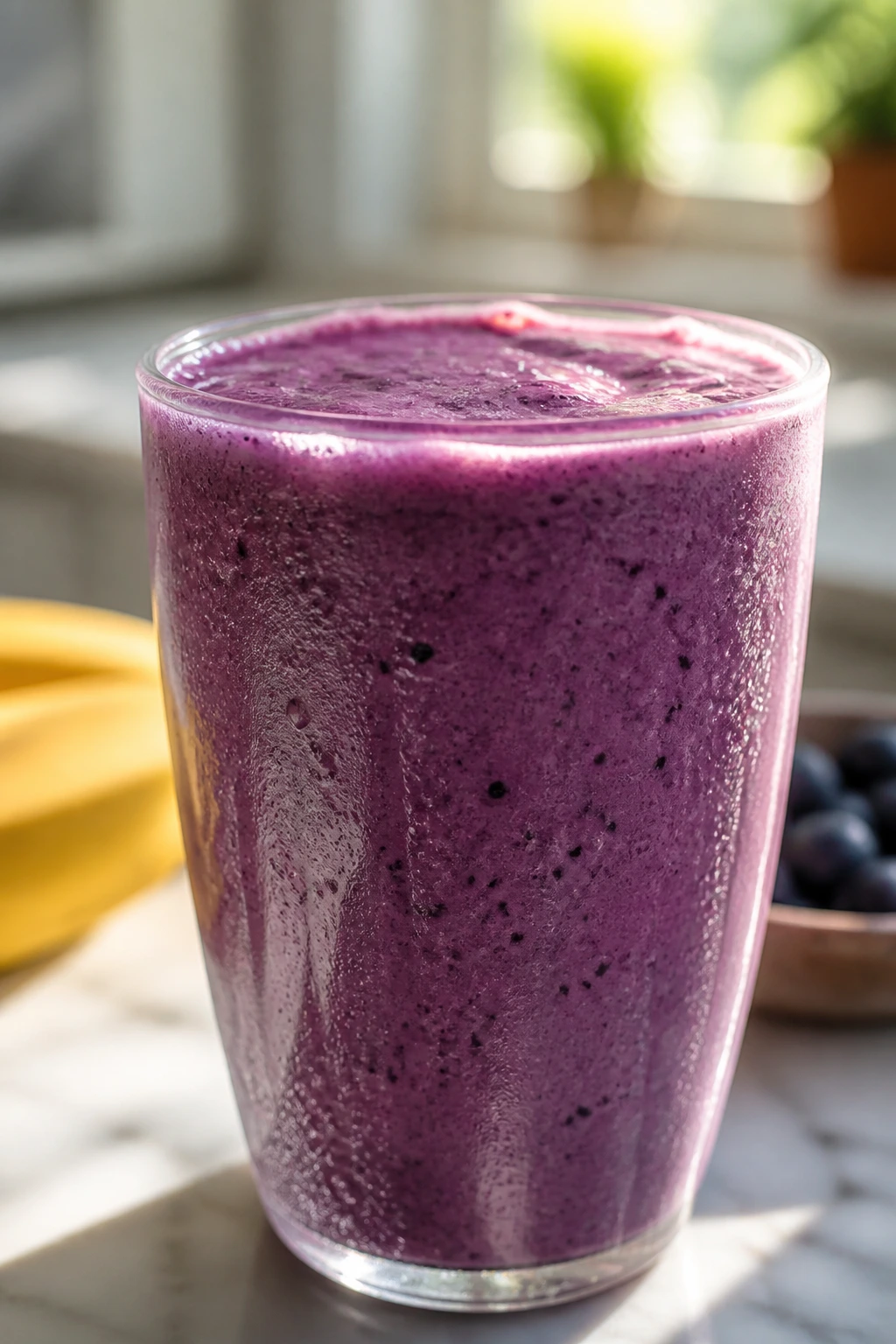 Close-up of a purple blueberry oolong banana smoothie in a glass