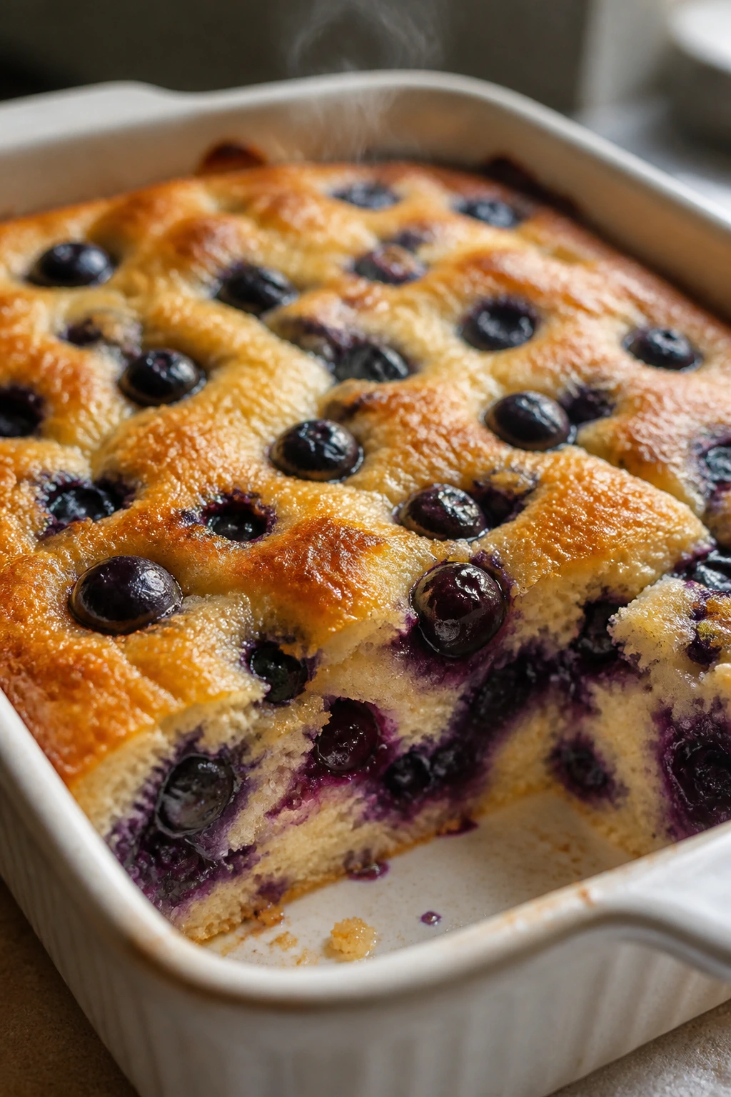 Slice of blueberry pancake bake with golden crust and blueberries