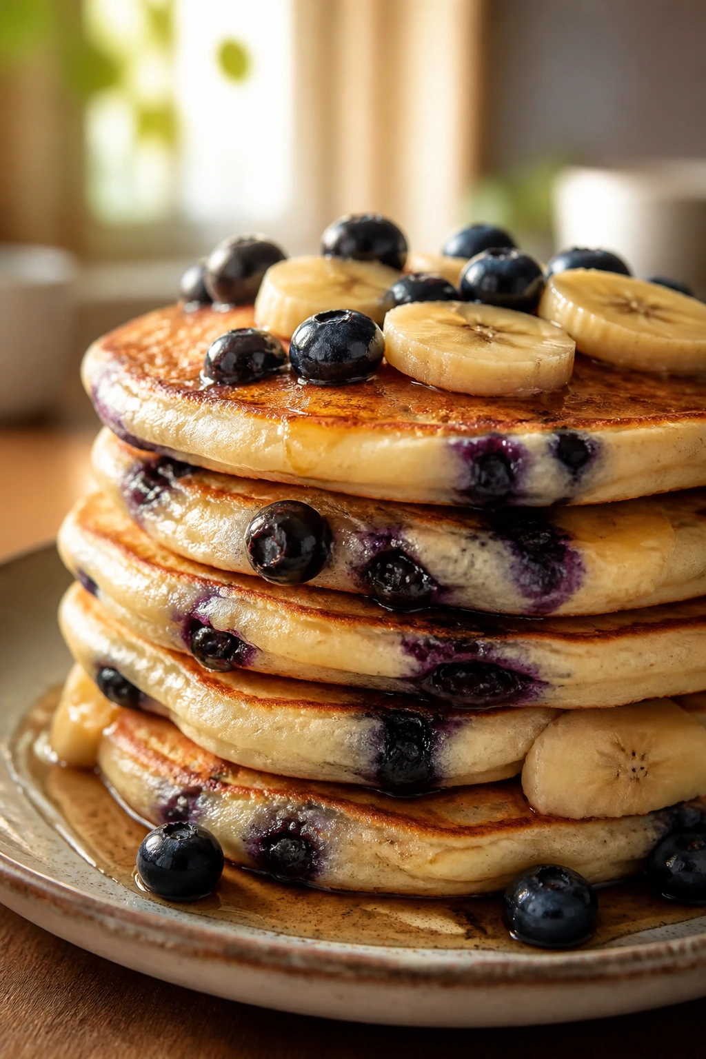 Close-up of a tall stack of blueberry banana pancakes on a rustic plate