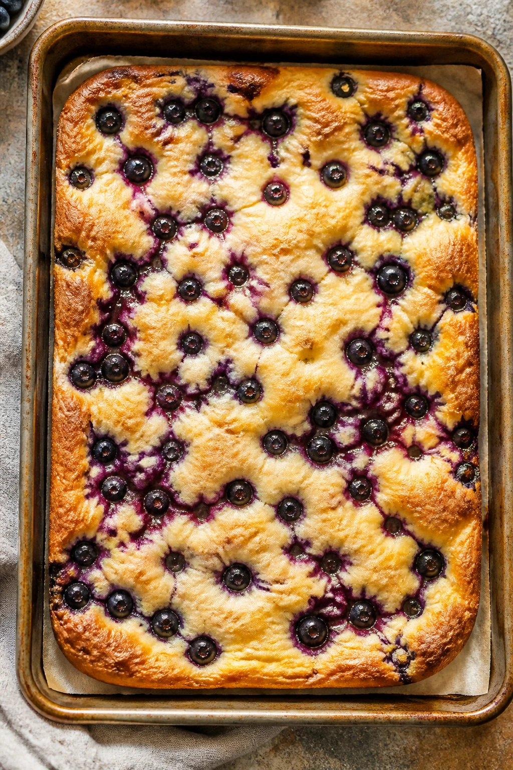 Sheet-pan blueberry pancake slab cut into pieces