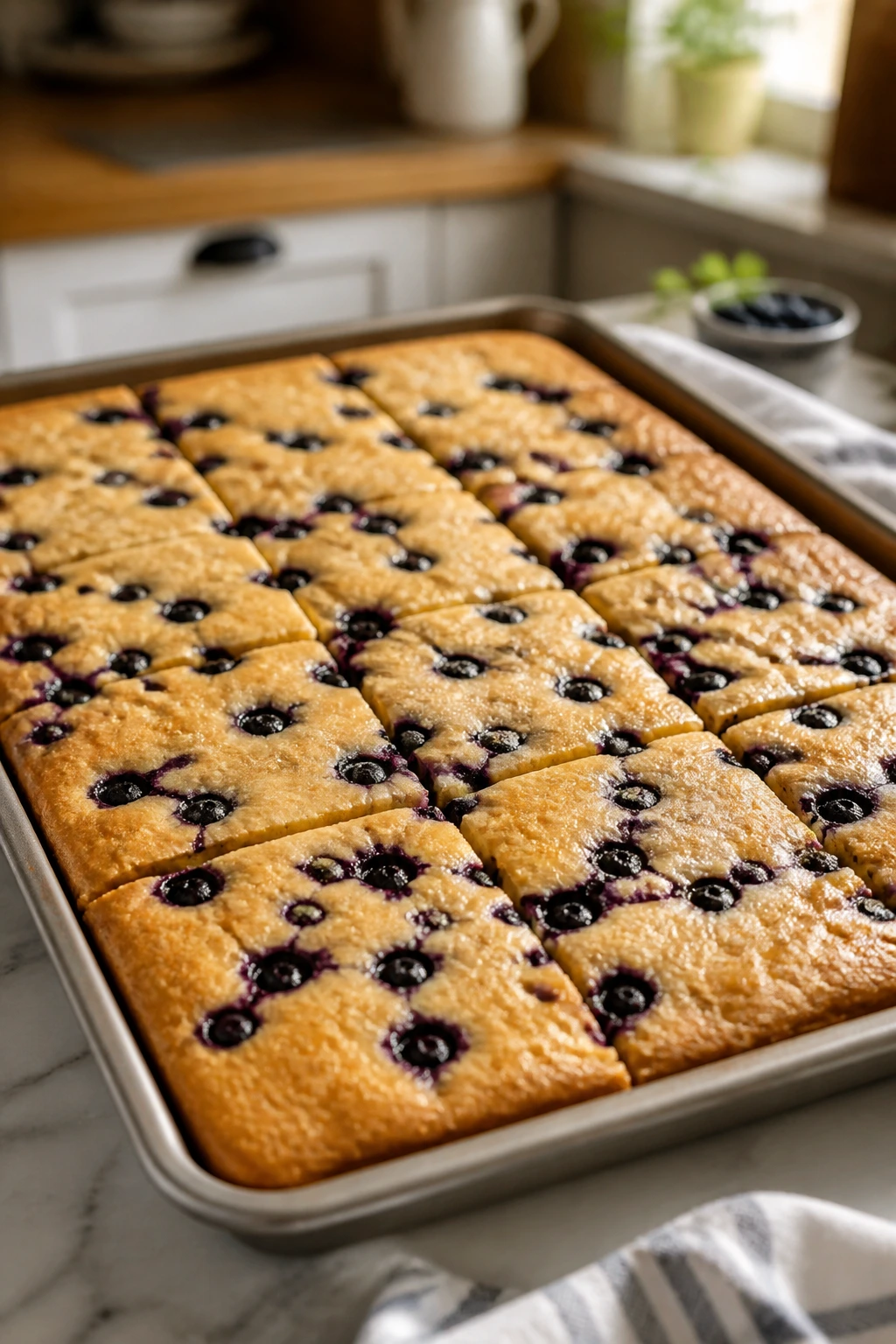 Close-up of sheet-pan blueberry pancakes with golden edges and blueberries on a blurred kitchen counter