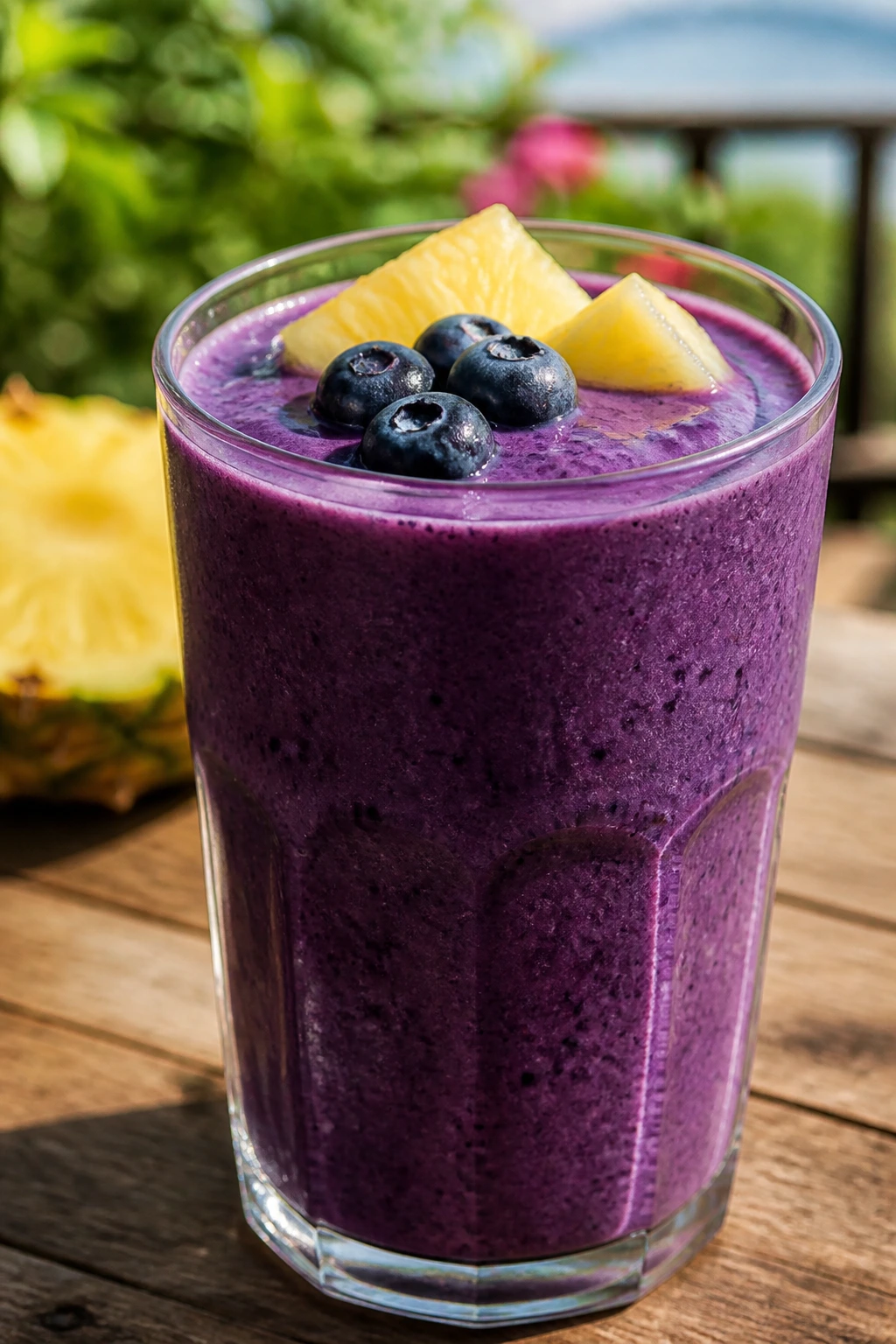 Close-up of Blueberry Pineapple Coconut Smoothie in glass, outdoor patio setting