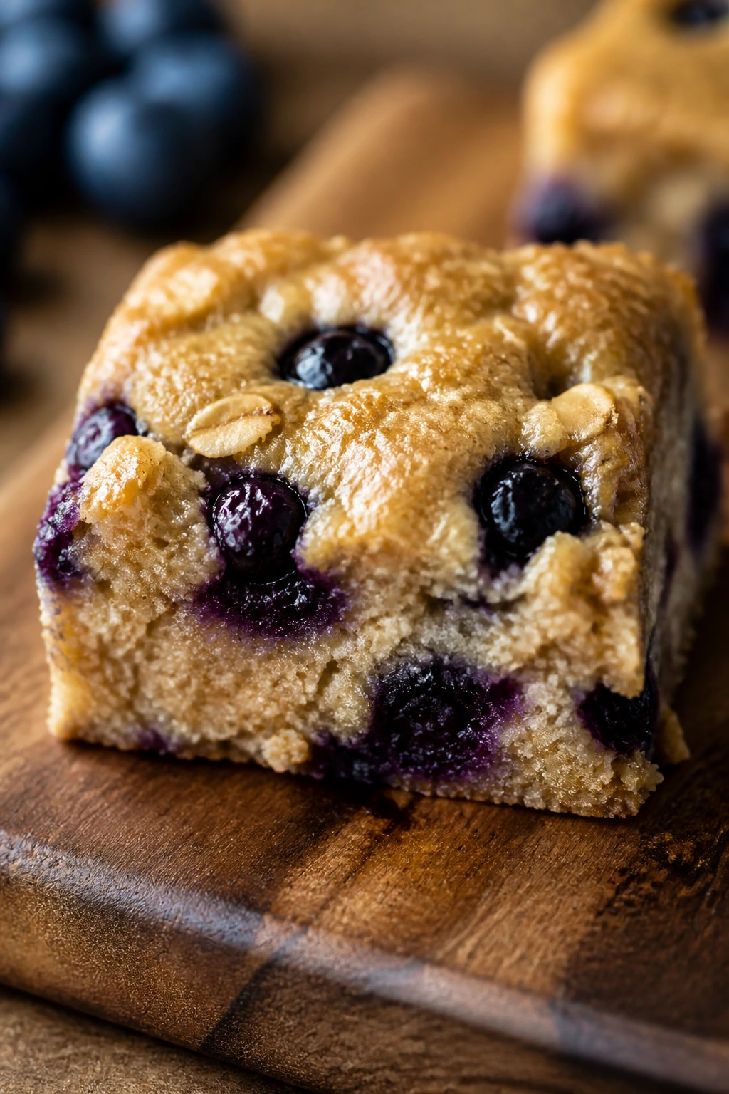 Close-up of a blueberry muffin protein bar on a wooden board with blueberries in the crumb