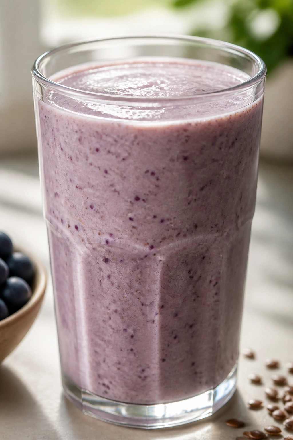 Close-up of pale purple Blueberry Flax Vanilla Smoothie in a glass on a bright kitchen counter