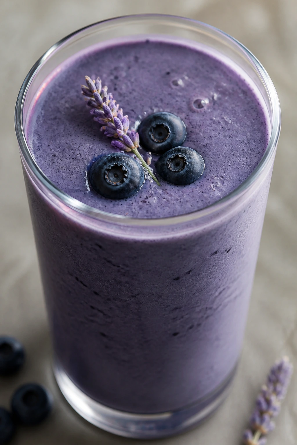 Purple-blue blueberry lavender smoothie with lavender garnish in glass