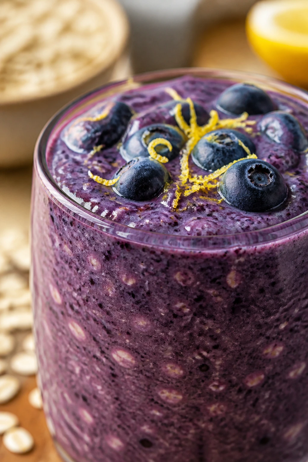 Deep blueberry smoothie with oats in a glass on a brunch counter