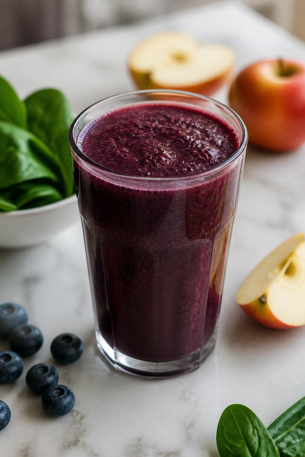 Purple blueberry spinach apple juice in a glass on a kitchen counter
