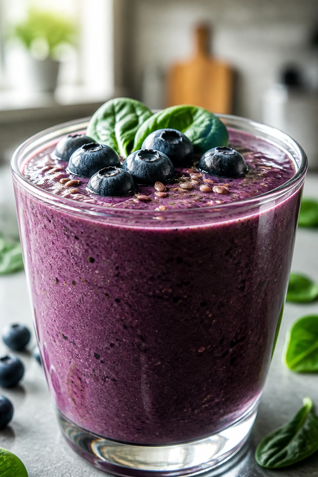 Deep purple blueberry spinach flax smoothie in glass