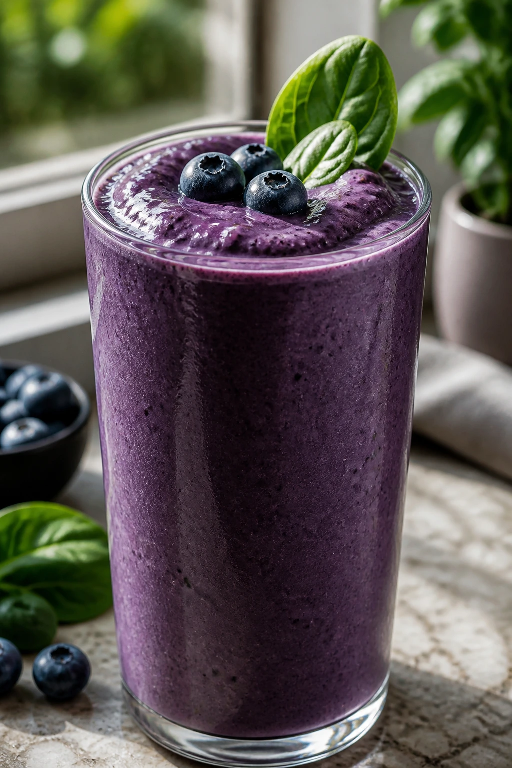 Close-up of a thick blueberry spinach vanilla smoothie in a glass on a sunlit kitchen counter