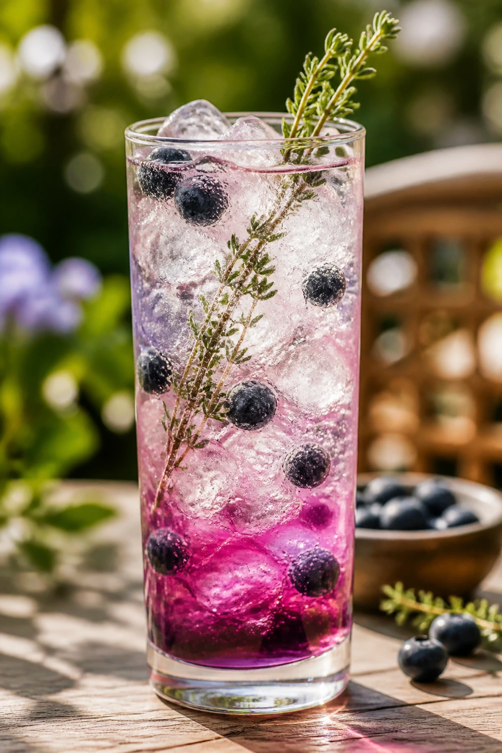 Close-up of Blueberry Thyme Collins in a tall glass with blueberries and thyme