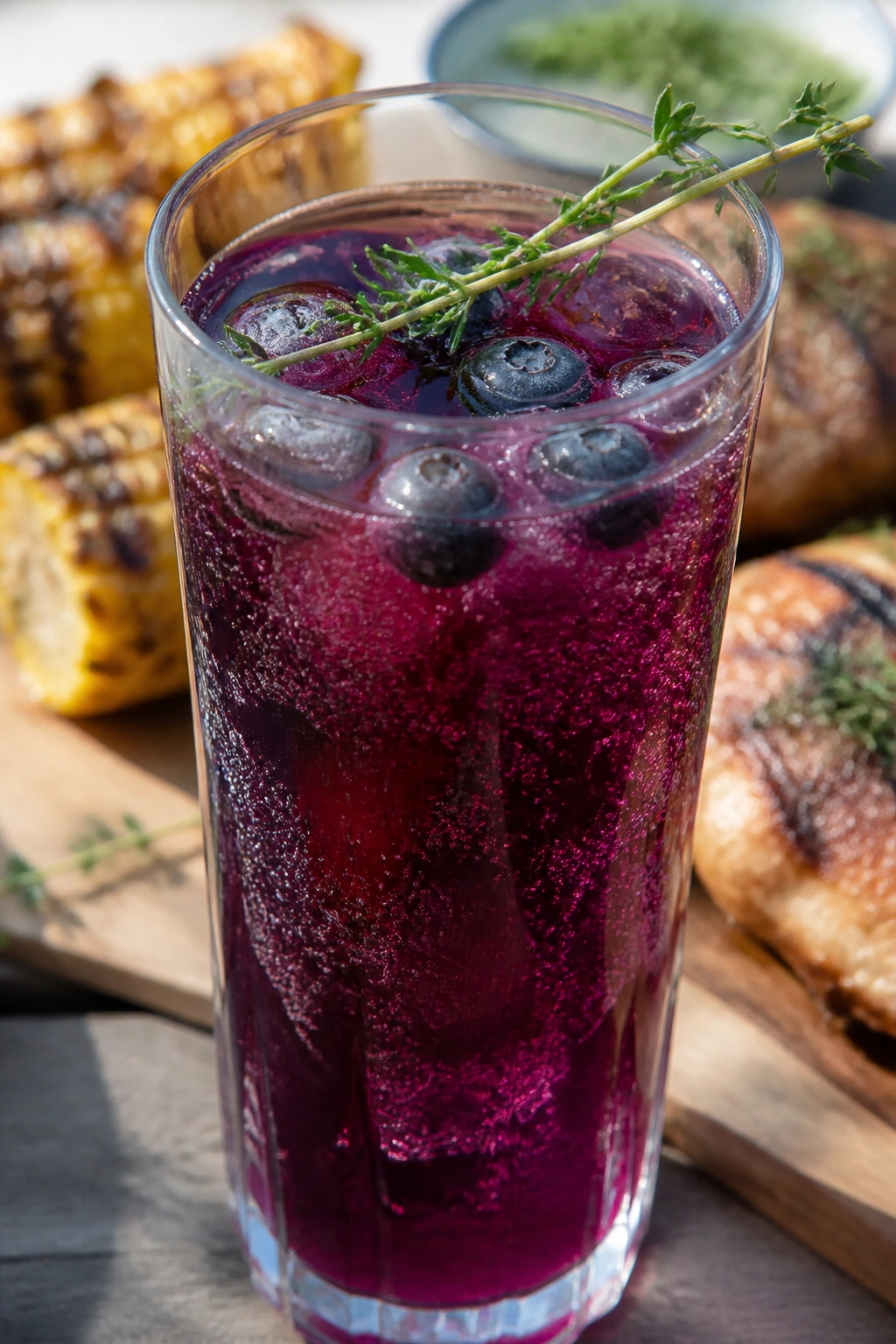 Blueberry Thyme Soda in a tall glass with thyme and blueberries outdoors