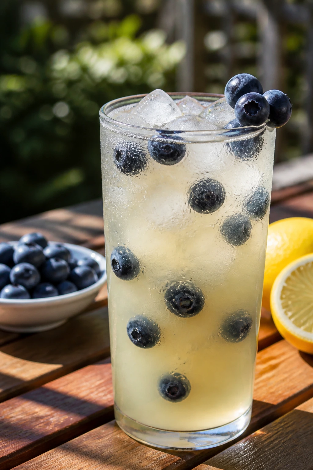 Highball glass of blueberry vodka lemonade with blueberries
