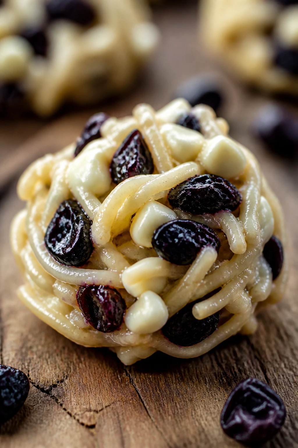 Close-up of a blueberry white chocolate nest cookie on wooden counter