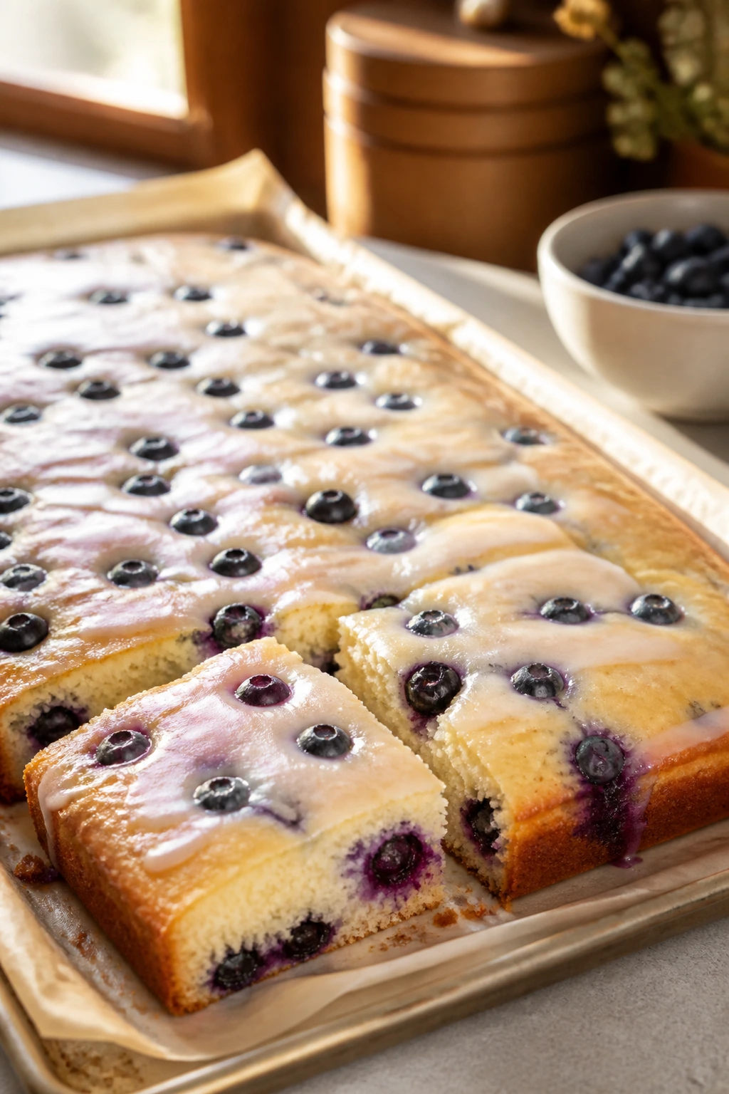 Close-up of blueberry yogurt sheet cake with blueberries dotted in the crumb on parchment-lined pan.