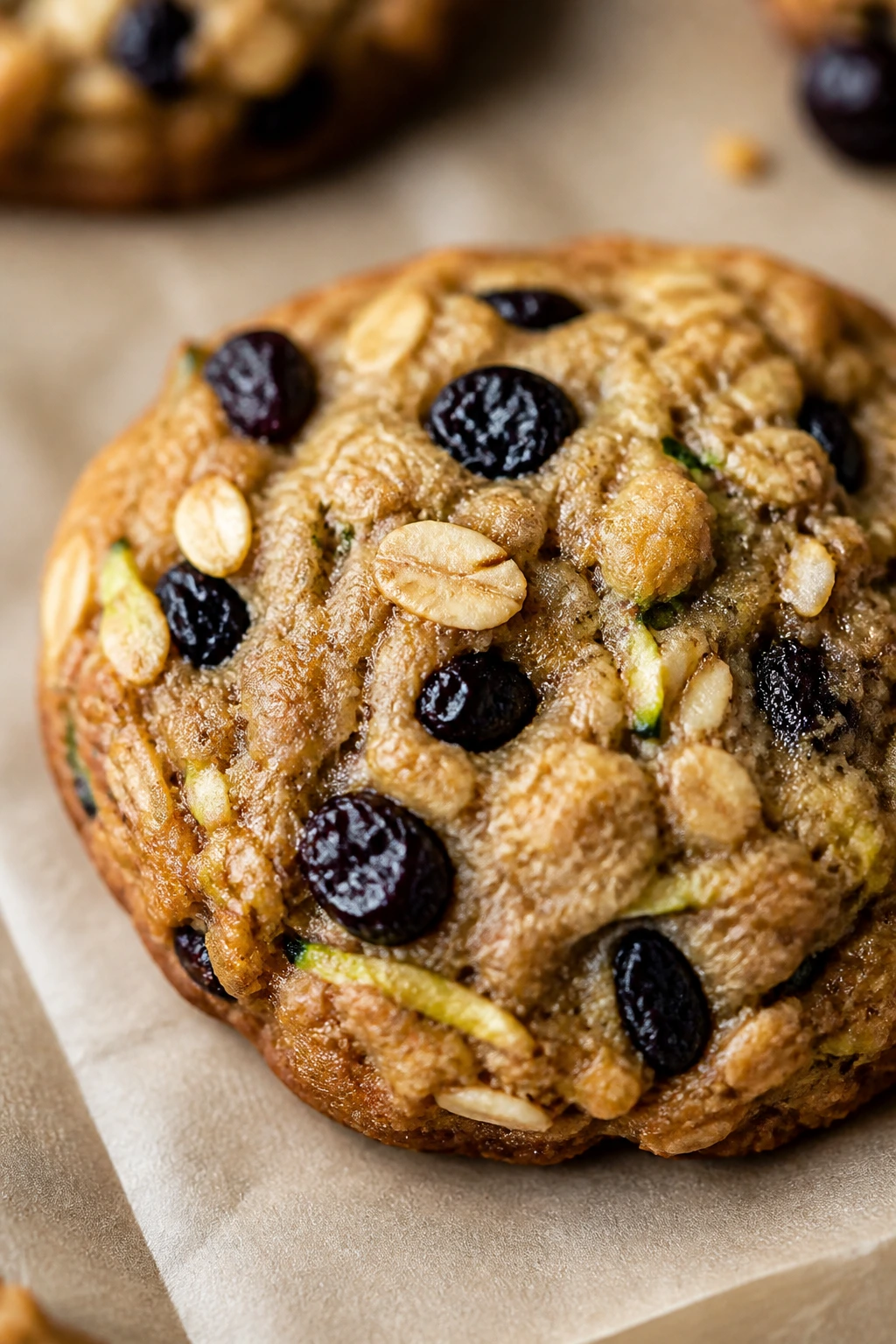 Close-up of Blueberry Almond Zucchini Oatmeal Cookie showing dried blueberries and almond flavor.