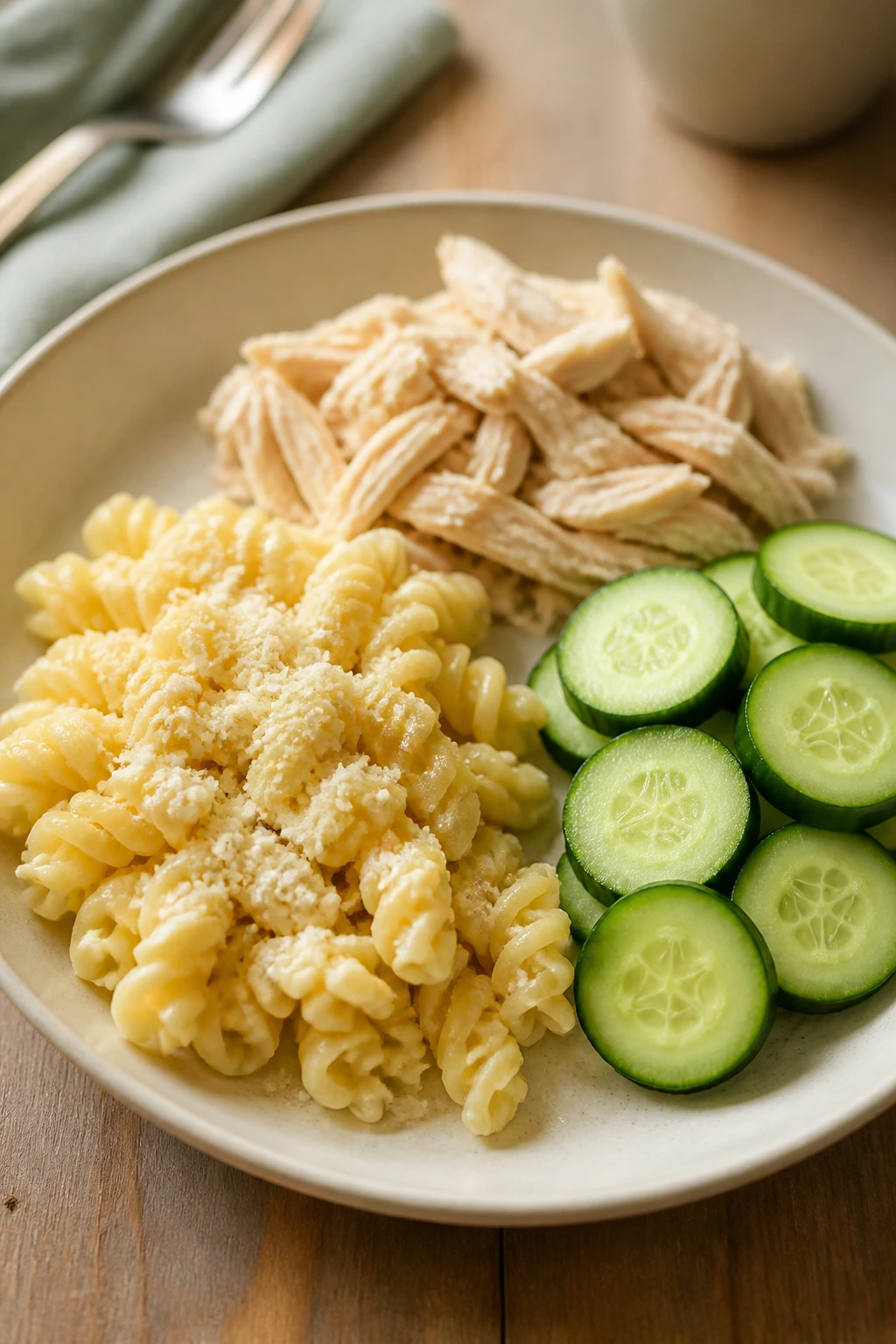 Modular toddler dinner on a plate with pasta protein and cucumber coins in a cozy kitchen