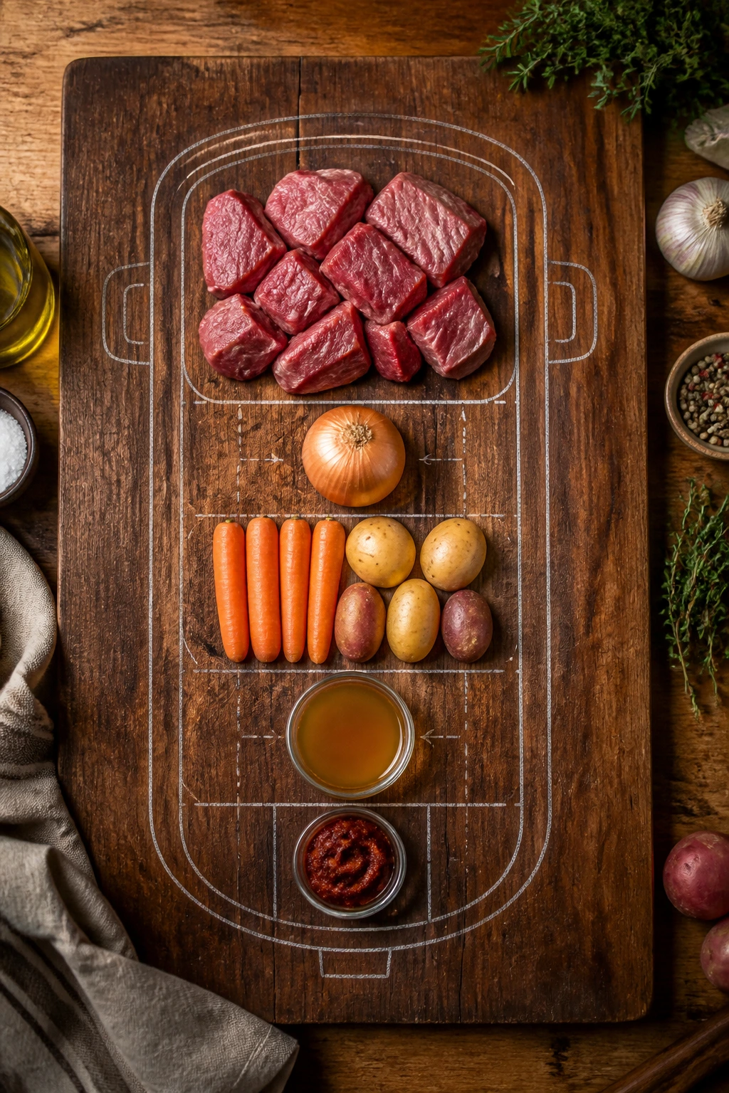 Top-down blueprint-style layout of slow cooker ingredients on a board.
