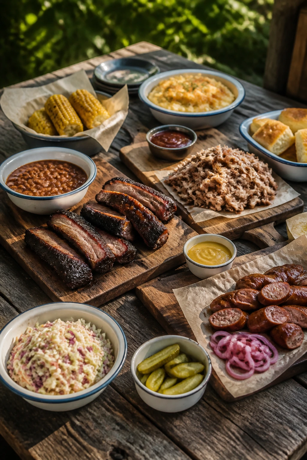 Rustic board-and-bowl BBQ spread on outdoor table