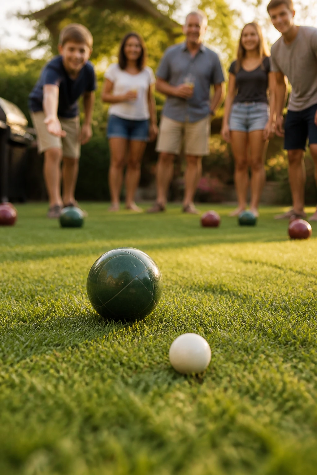 Bocce ball rolling on a sunny yard with mixed-age players in background