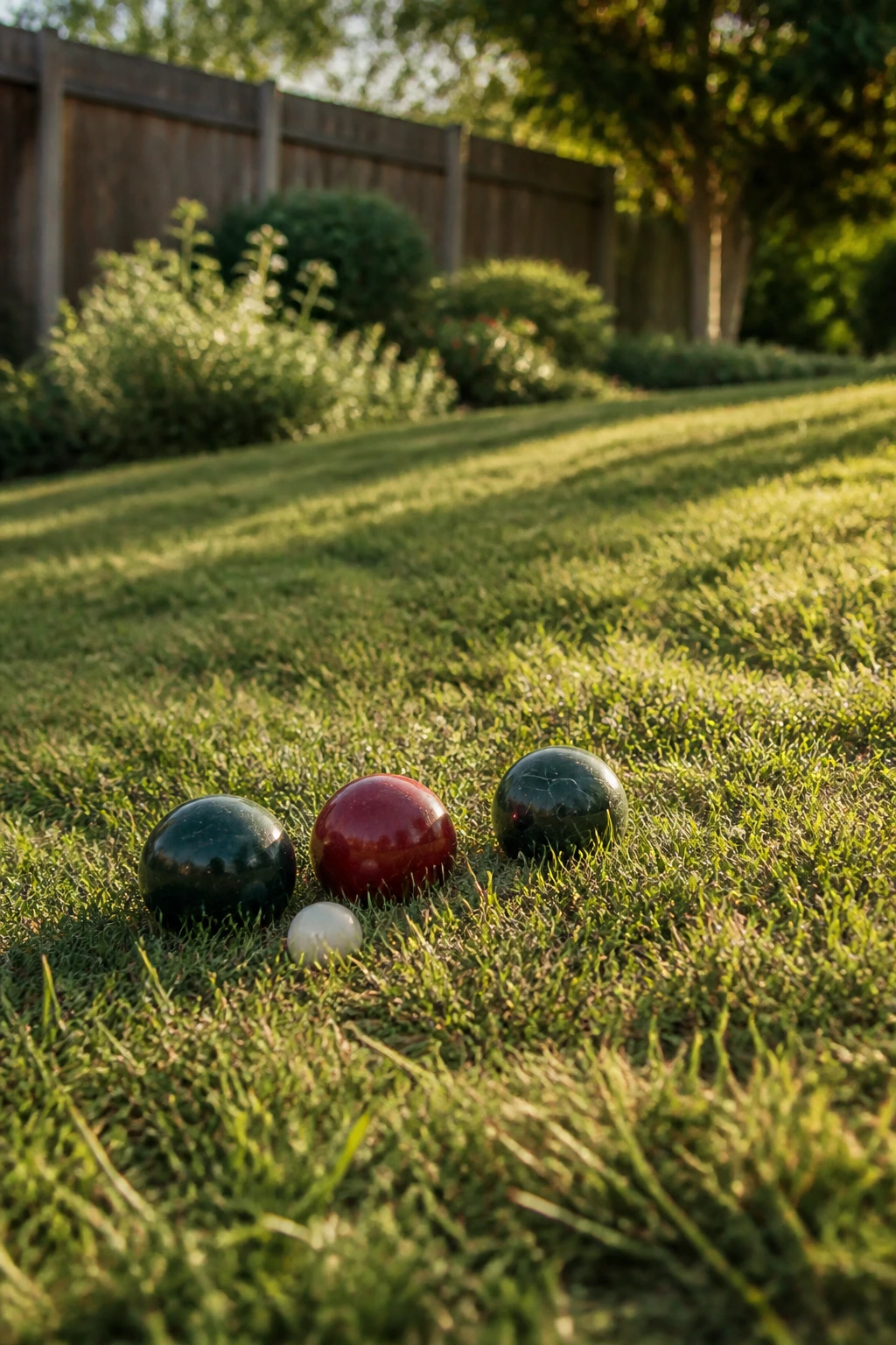 Bocce balls on a sunlit, uneven grassy backyard slope
